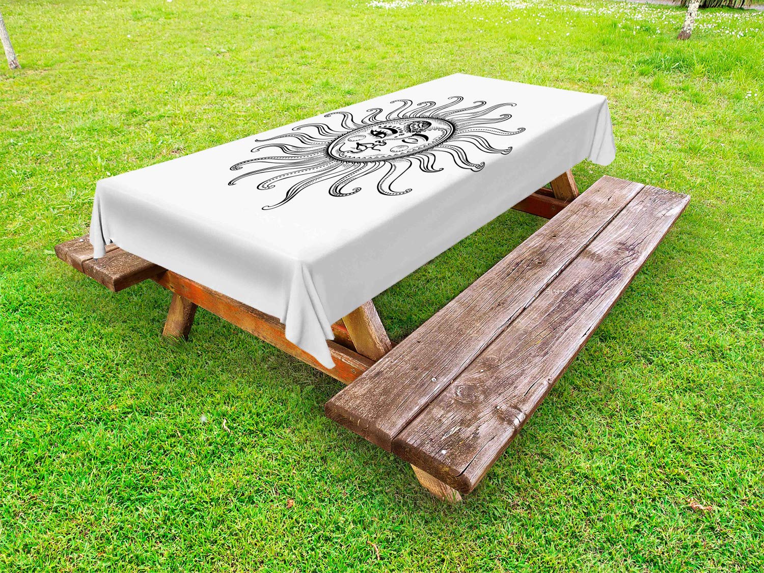 Ambesonne Sun Outdoor Tablecloth - Vintage Retro Tribal Doodle Design with Stars, Arrows & Crescent Moon - Washable Picnic Table Cover 58x120 Inches - Black & White for Patio, BBQ, Camping & Outdoor Dining