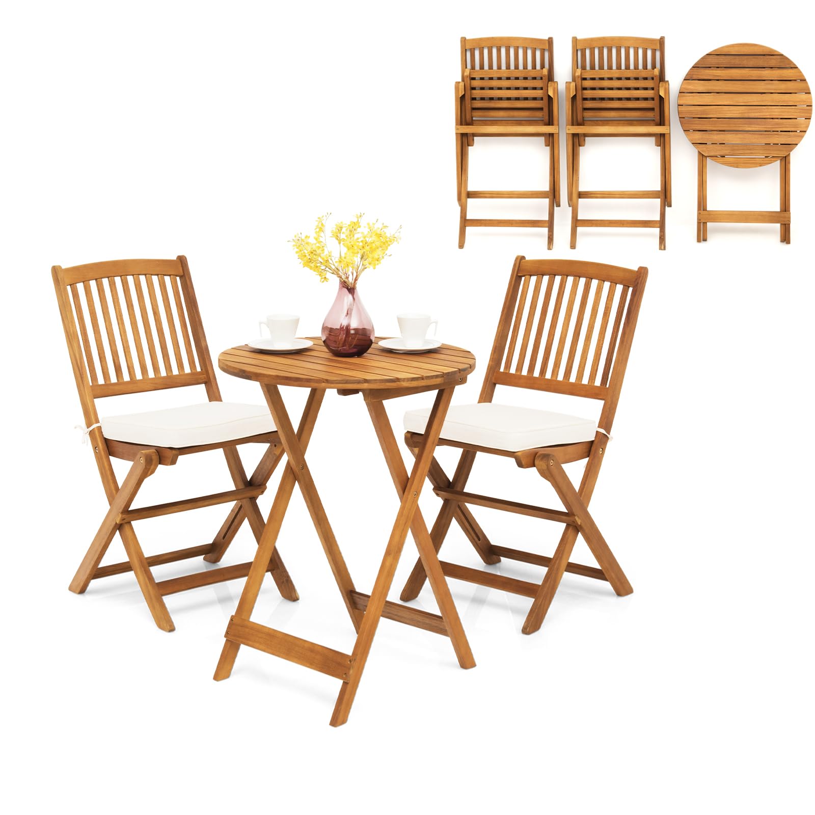 KOMFOTTEU Foldable Bistro Set, 40kg Capacity Table & 160kg Capacity Chairs with Cushions, Outdoor Garden Patio Furniture Set for Balcony, Terrace or Backyard (Beige Cushions) - Perfect for Small Spaces, Coffee Breaks & Relaxing Outdoors