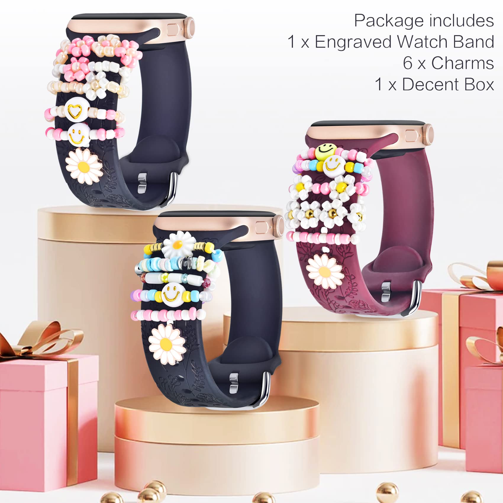 Floral Engraved Apple Watch Bands 38mm 40mm 41mm - Soft Silicone Replacement Strap for iWatch Series SE 8 7 6 5 4 3 2 1 - Women's Sport Wristband with Charms - Perfect for Workouts, Daily Wear & Fashion Accessories