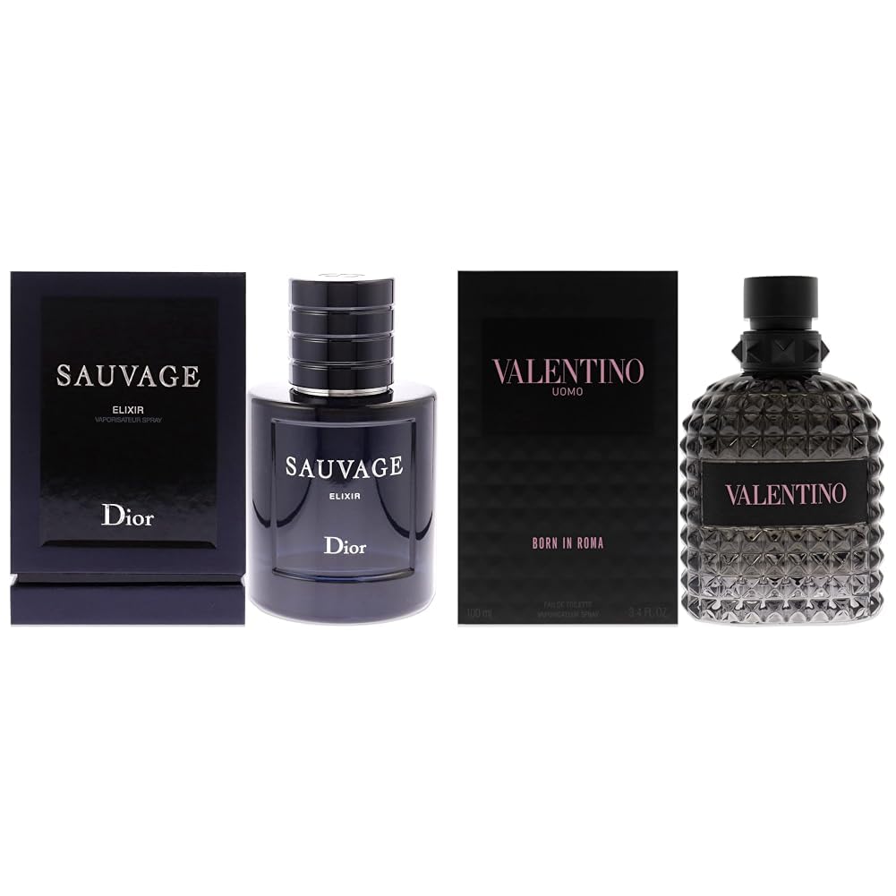 Dior Sauvage Elixir Eau de Cologne Spray for Men 2 oz & Valentino Uomo Born In Roma Eau de Toilette Spray 3.4 oz - Luxury Men's Fragrance Set for Date Night, Office & Special Occasions