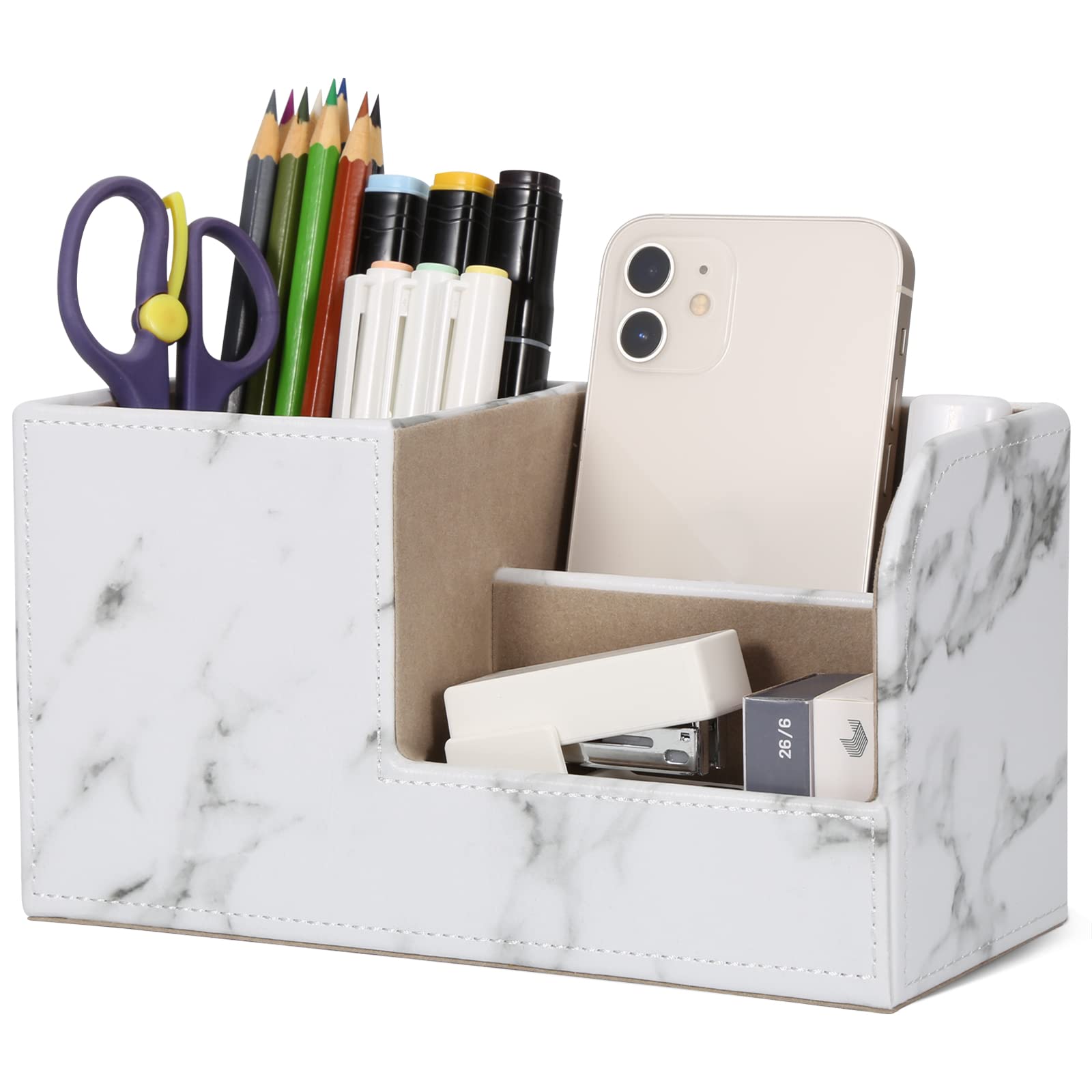 GORESE Leather Office Desk Organizer with Pen Holder & Remote Control Storage - White Marble Desktop Organizer for Office Supplies, Home & Workspace Organization - Perfect for Desk Accessories, Stationery & Remote Control Storage