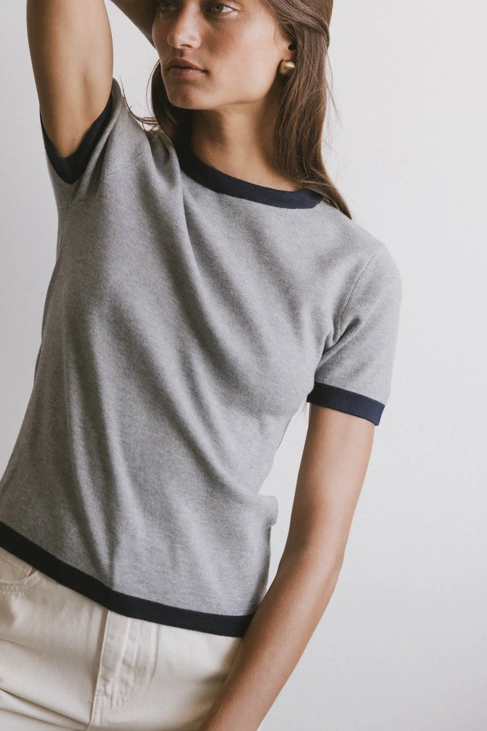 Women's Maddie Ringer Sweater Top in Grey - Soft Casual Pullover for Fall & Winter | Perfect for Office, Date Night & Weekend Outfits