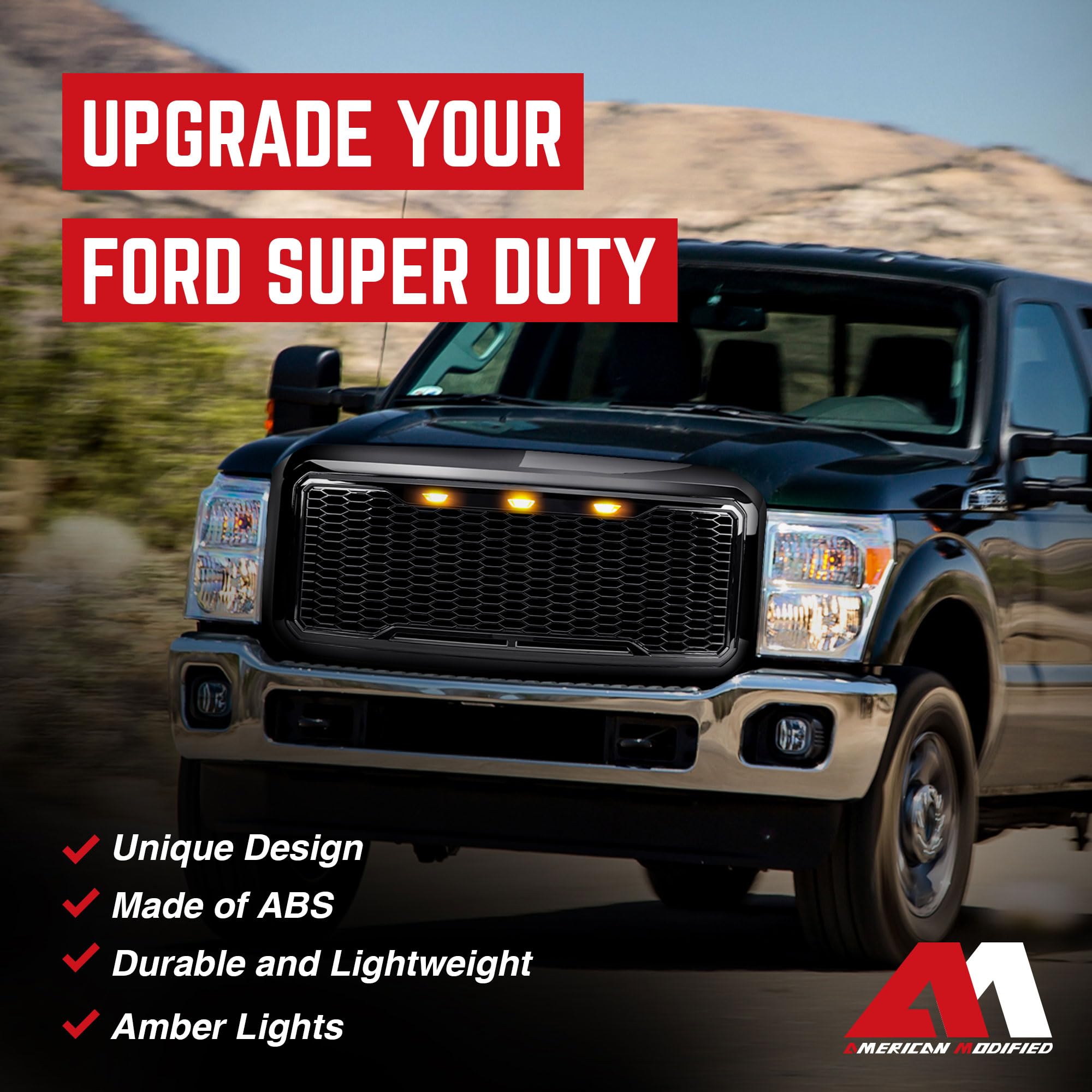 Ford F250 F350 F450 F550 Super Duty 2011-2016 Raptor Style Front Grille with Amber LED Lights - Glossy Black | Off-Road Upgrade & Truck Customization Accessory