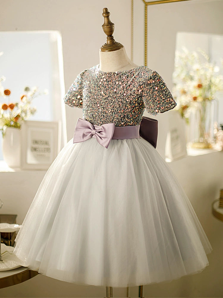 Dusty Blue Princess Round Tea Length Tulle Flower Girl Dress for Weddings, Bridal Showers & Special Occasions