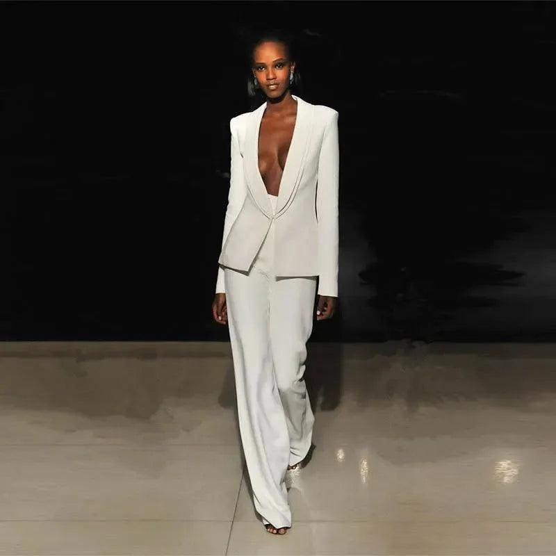 Elegant White Low V-Neck Women's Pantsuit - Formal Office Wear & Evening Party Outfit for Professional Women