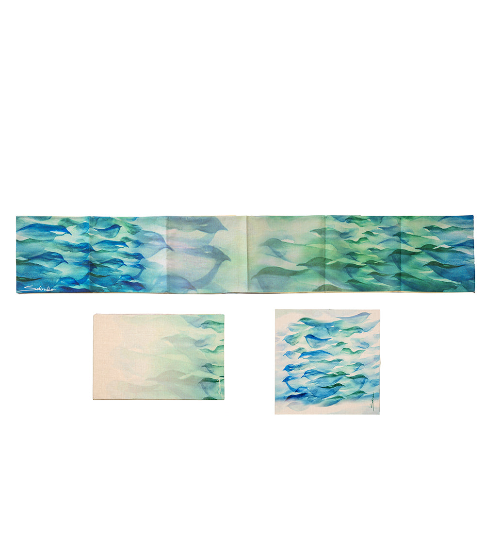 Sabado Blue Birds Table Runner Set - Elegant Floral Printed Dining Table Decor for Thanksgiving, Christmas & Special Occasions
