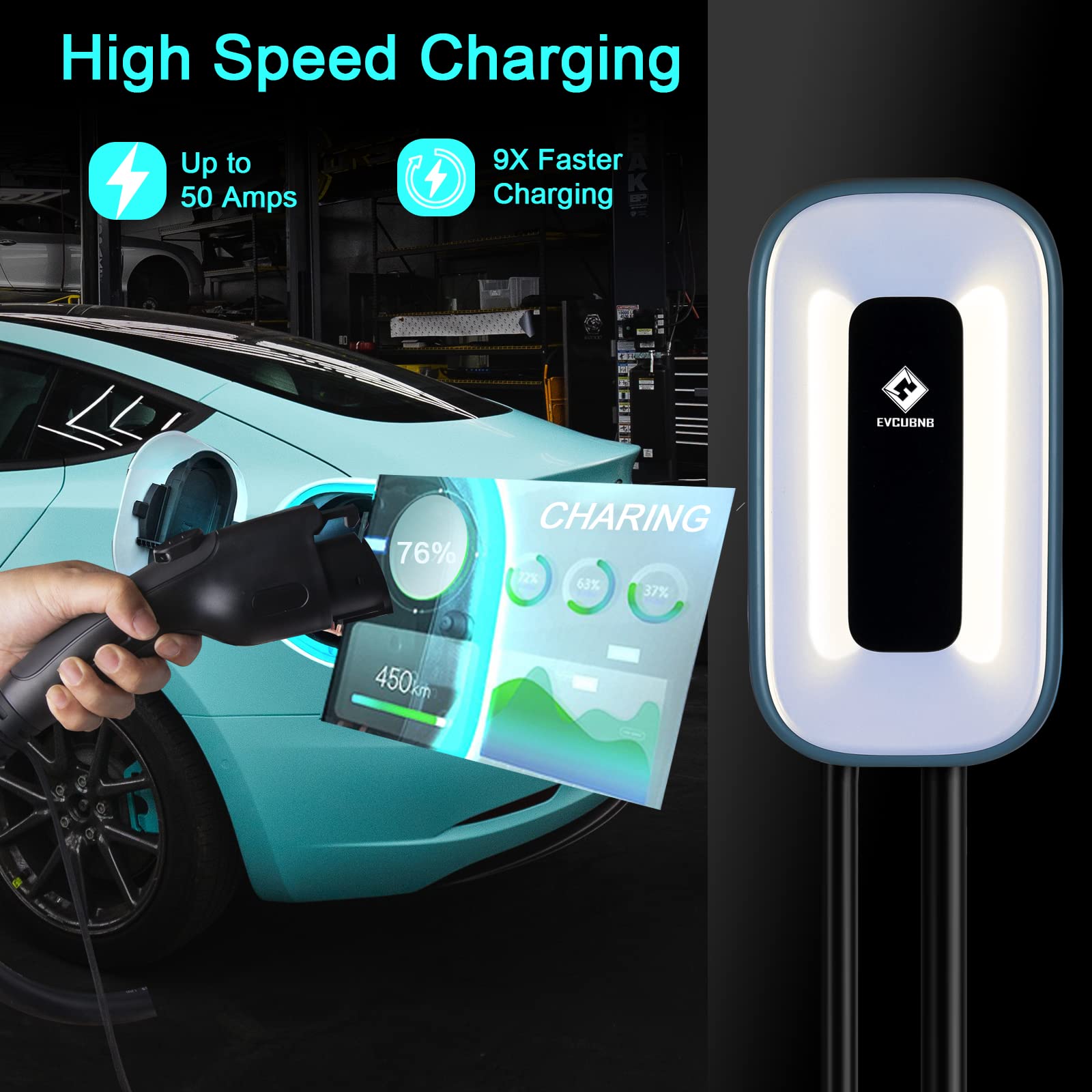 Ultra Compact Level 2 EV Charger - 50 Amp 240V Home Charging Station with 23Ft Cable | Indoor/Outdoor Use | NEMA 14-50 Plug or Hardwired | Fast Direct Charging for Tesla, Chevy, Nissan & More EVs | Perfect for Home Garage, Workplace & Public Parking