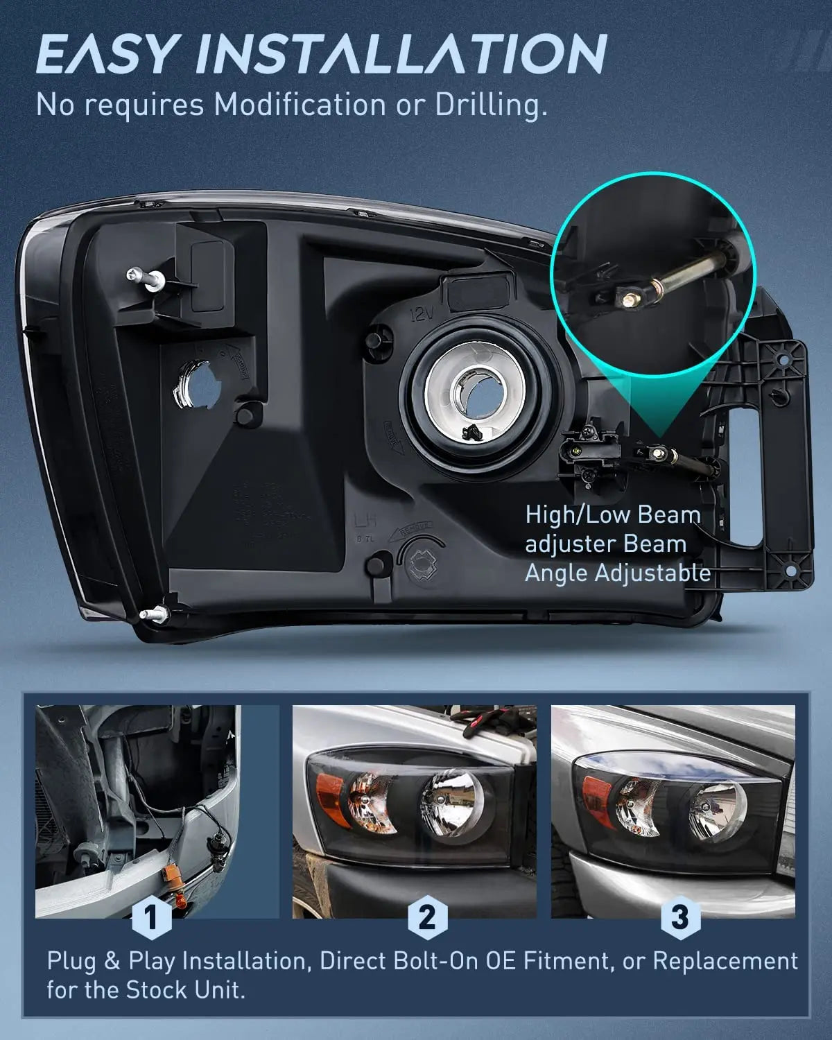 2007-2009 Dodge Ram 1500/2500/3500 Black Headlight Assembly with Amber Reflector - Replacement for Night Driving & Off-Road Adventures