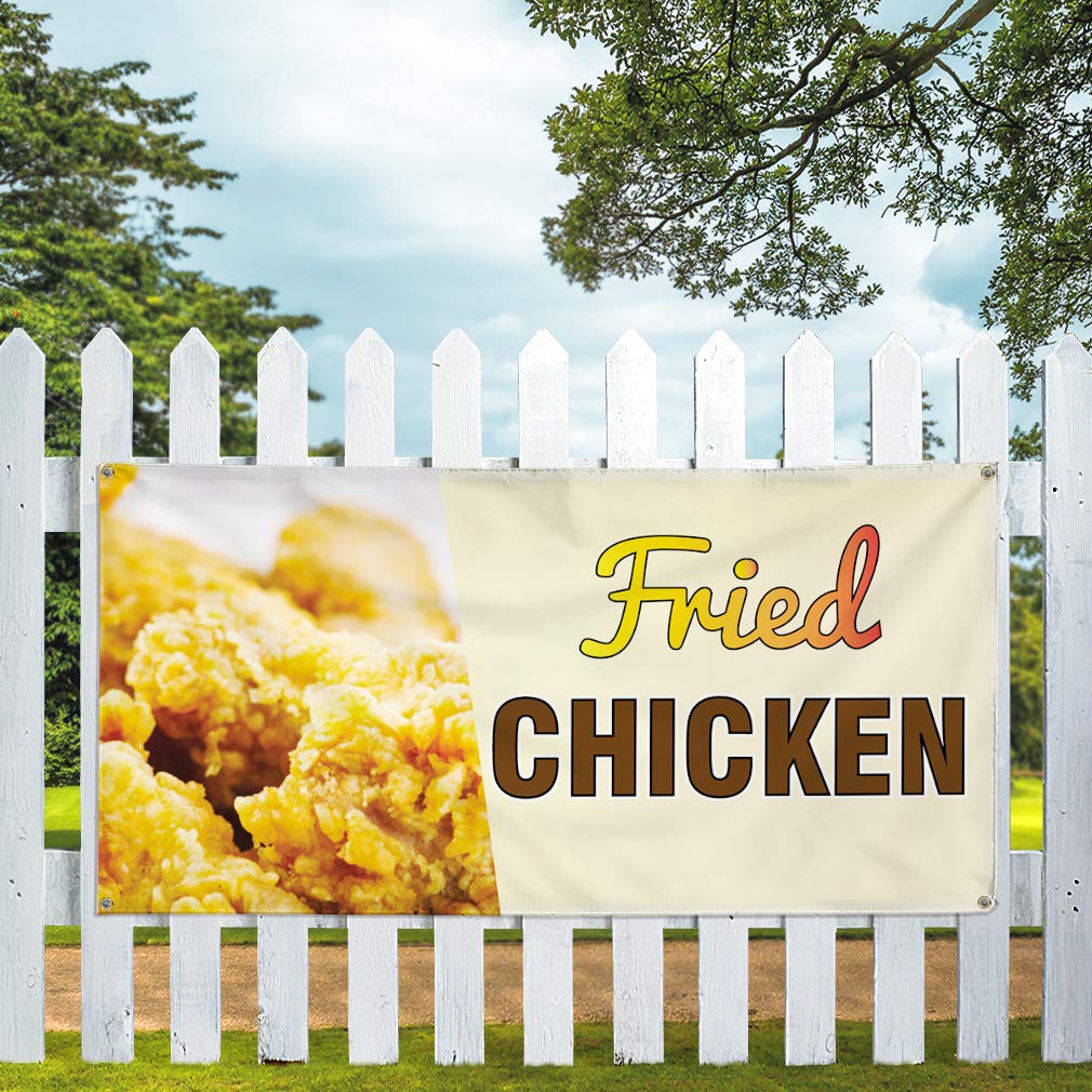 Custom Printed Vinyl Banners for Outdoor Advertising - Weatherproof Fried Chicken Restaurant Sign with 8 Grommets (48x96 Inches, Yellow) - Perfect for Food Trucks, Yard Sales & Business Promotion