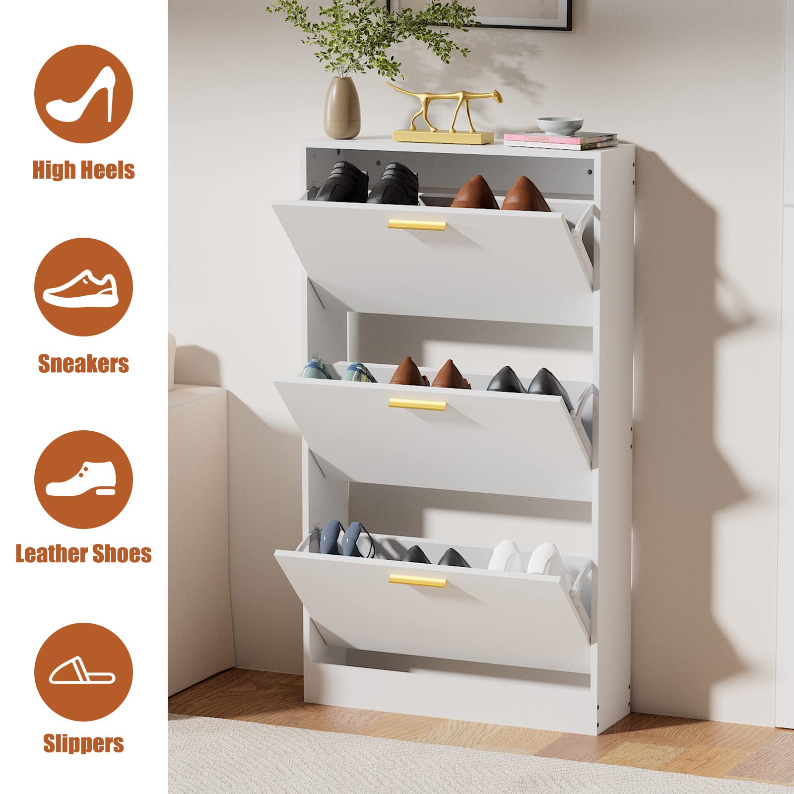 JOZZBY White Slim Shoe Cabinet with 3 Flip Drawers - Modern Freestanding Shoe Storage Organizer for Entryway, Hallway & Living Room | Space-Saving Narrow Shoe Rack for Small Spaces & Apartments