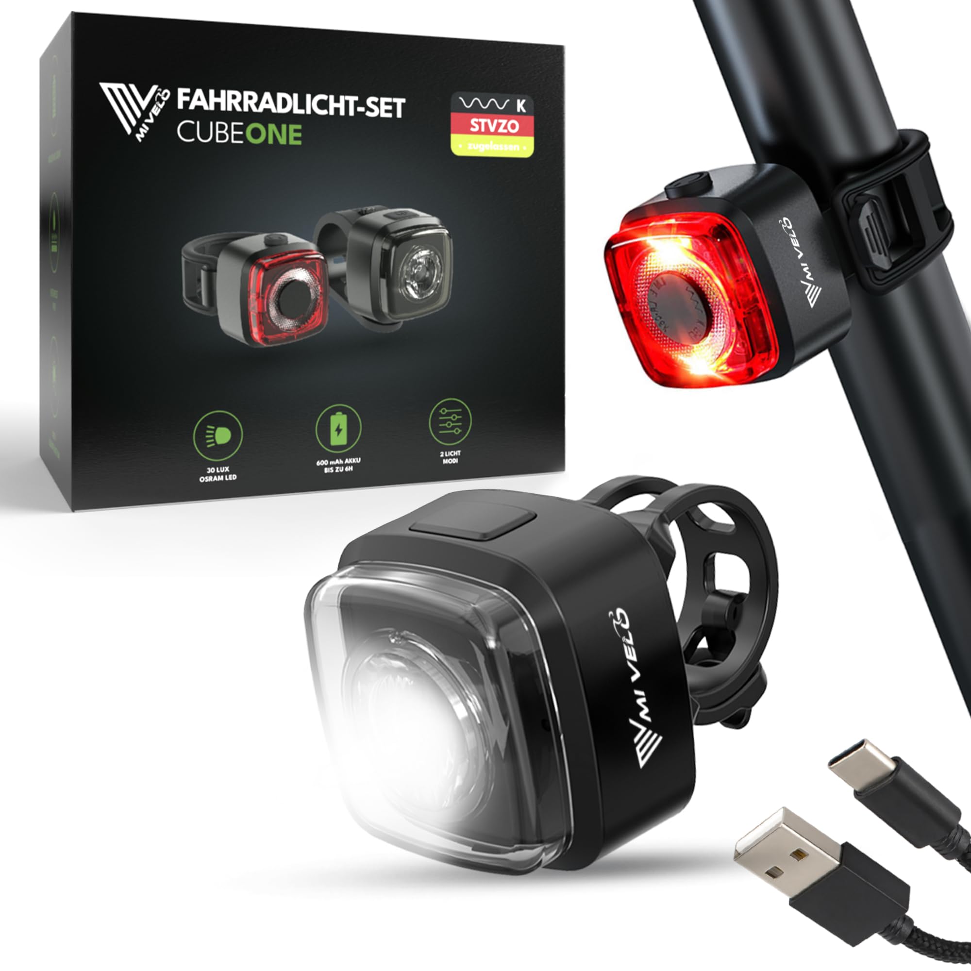 MIVELO Cube Bike Light Set - StVZO Approved USB Rechargeable & 100% Waterproof LED Front & Rear Bicycle Lights - Super Bright for Night Cycling, Commuting, and Outdoor Adventures
