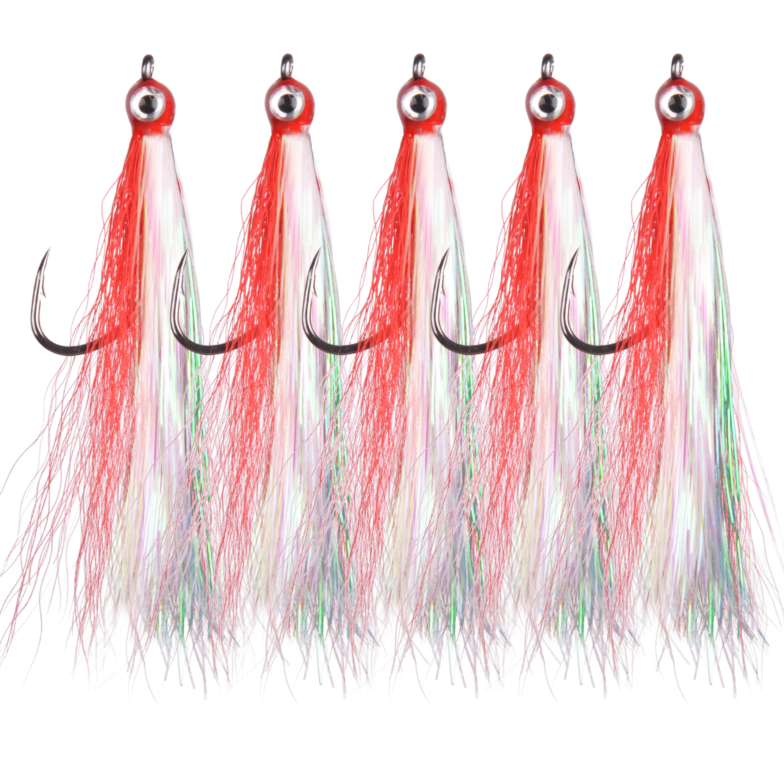 5PCS Bucktail Teasers Fishing Hooks with 3D Eyes - High Carbon Steel Fly Fishing Lures for Bass & Saltwater - Durable Mylar Flash Bait Rigs for Freshwater & Sea Fishing