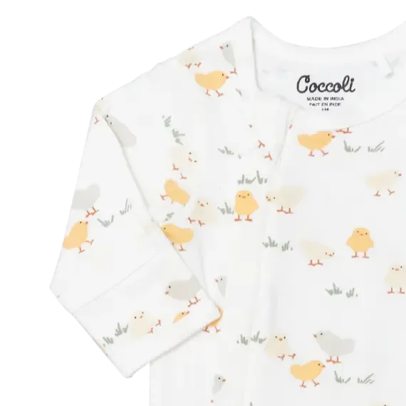 Coccoli Cotton Modal 2-Way Zipper Footie Pajamas for Babies - Soft & Breathable Sleepwear with Spring Chicks Design - Perfect for Nursery, Bedtime & Playtime
