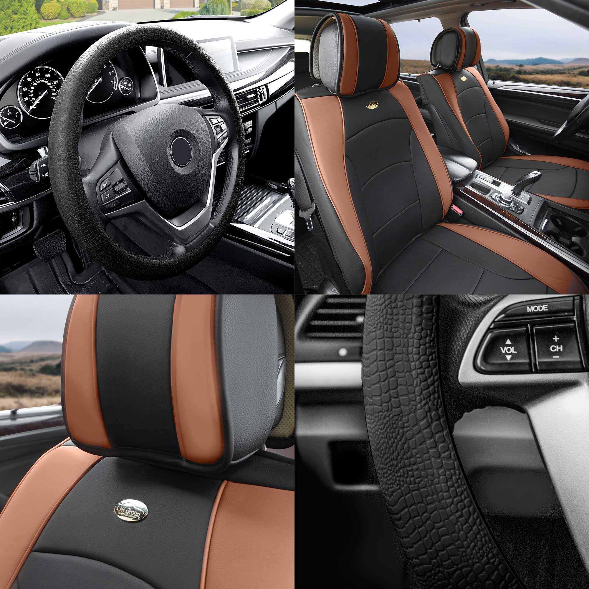 Premium FH Group Ultra Comfort Faux Leather Car Seat Cushions - Highest Grade Memory Foam Support for Cars, Trucks & SUVs (Brown/Black) | Universal Fit Front Seat Covers with Gift | Perfect for Long Drives, Commuting & Road Trips