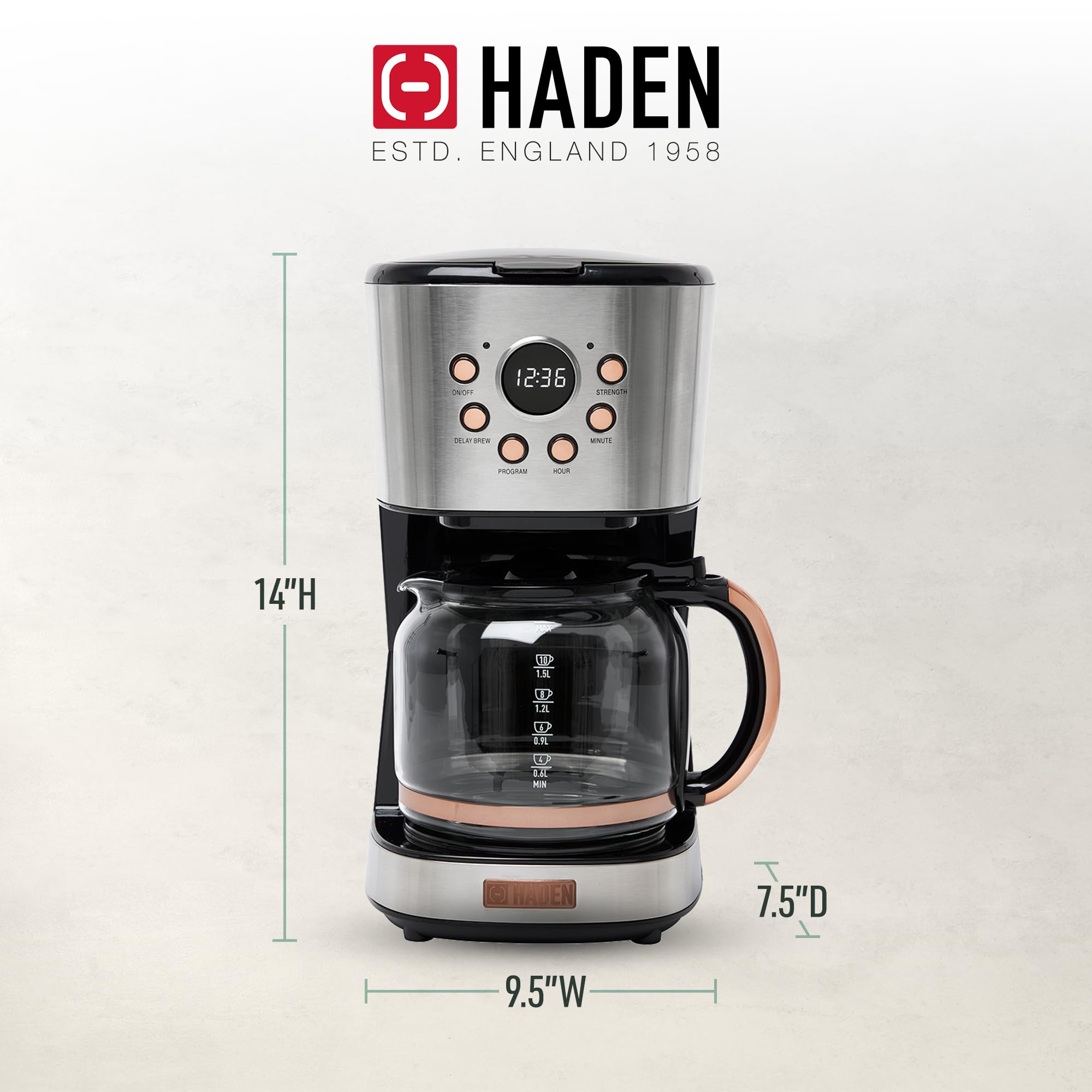 Haden 12 Cup Programmable Drip Coffee Maker with Auto Shut-Off & Reusable Filter - Stainless Steel & Copper Finish - Perfect for Home, Office or Restaurant Use