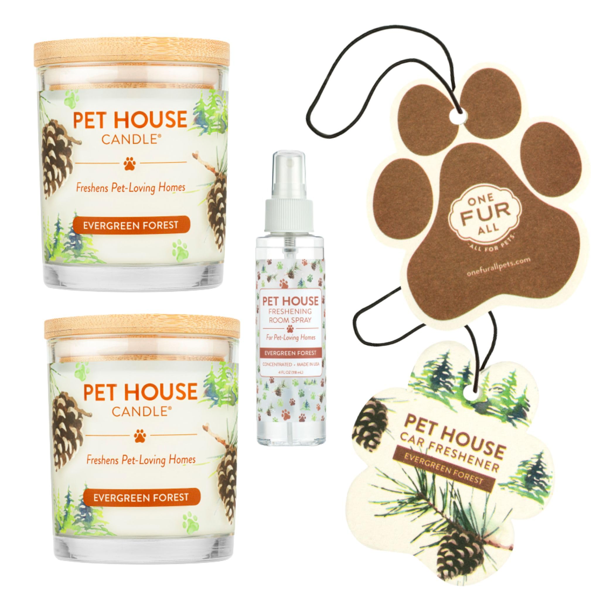 One Fur All Pet House Candle Value Pack - Plant-Based Soy Wax, Clean Burning Scented Candles for Pet Odor Elimination - Long Lasting Evergreen Forest Fragrance - Perfect for Living Rooms, Bedrooms & Pet-Friendly Homes