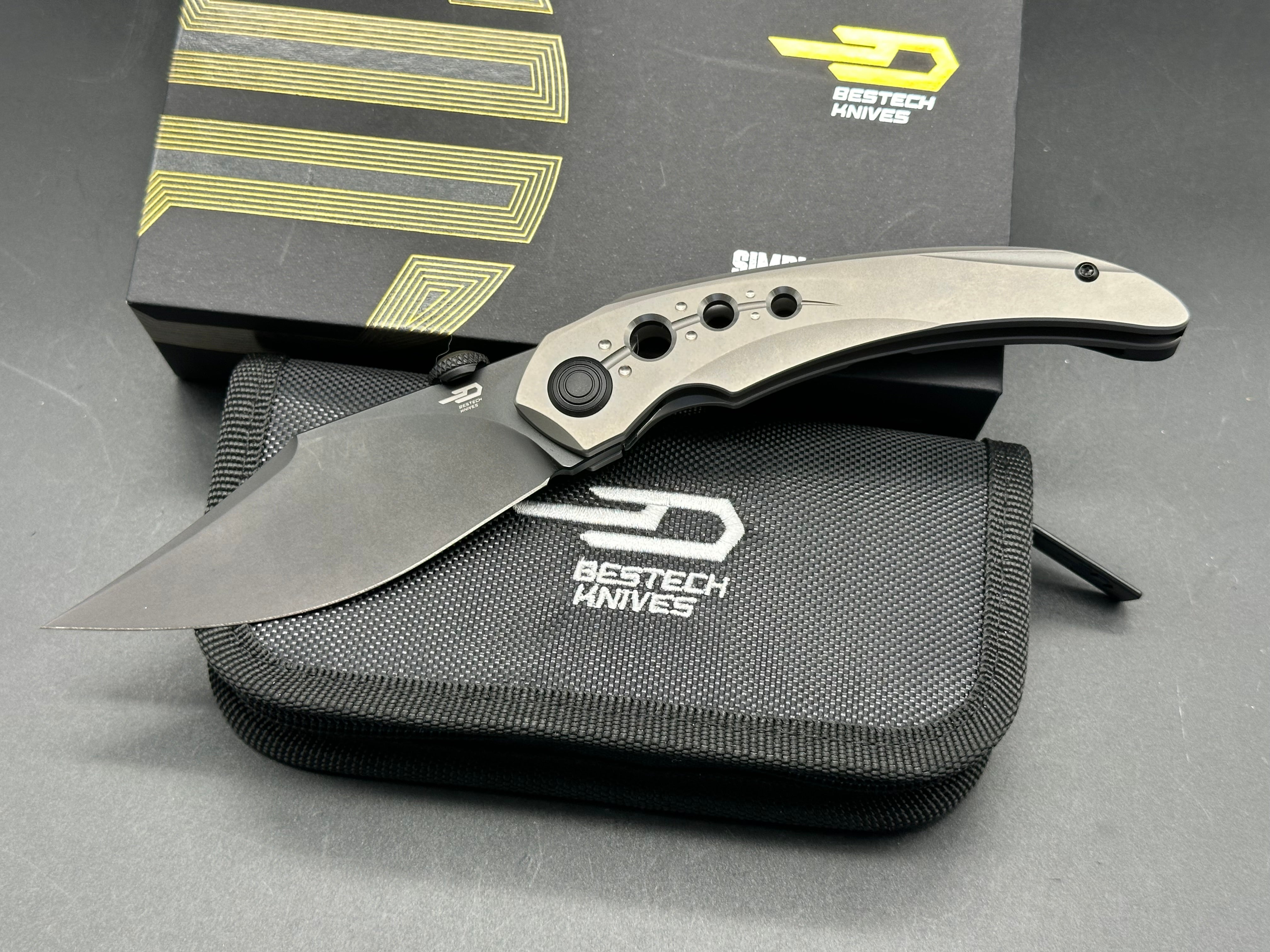Bestech Kombou Folding Knife - Razon/Grey Slotted Titanium Handle, Upswept Blackwash Magnacut Blade - EDC, Outdoor Camping & Survival Tool