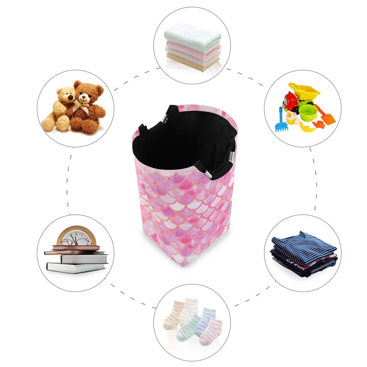 Blueangle Large Pink Mermaid Scales Laundry Basket - Collapsible Oxford Fabric Clothes Hamper with Handles, Foldable Storage Organizer for Bedroom, Bathroom, Laundry Room & Dorm