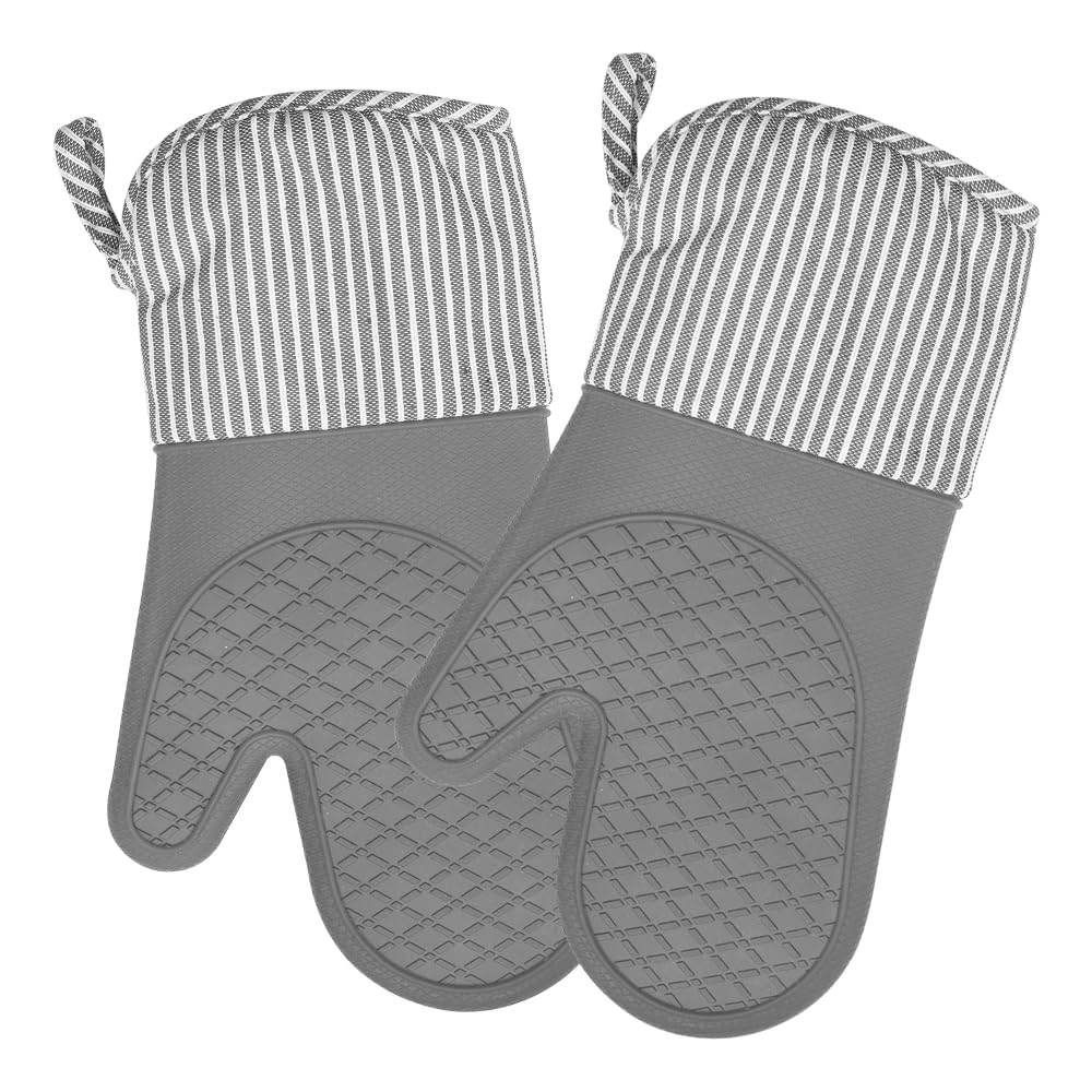 MIJOTEX Heat Resistant Silicone Oven Mitts & Gloves Set - 2 Extra Long 13-inch Quilted Liner Mittens (Grey) for Baking, Grilling & Kitchen Safety
