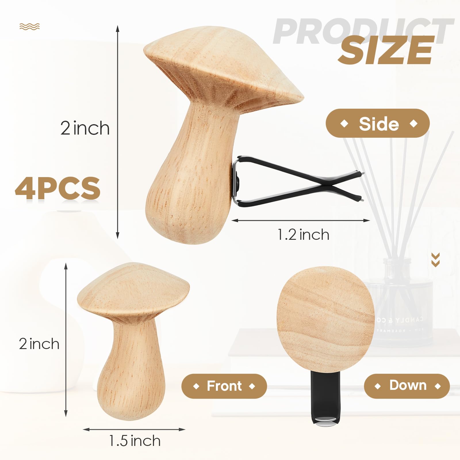 Dandat 4-Piece Wooden Car Essential Oil Diffuser Vent Clips | Mushroom-Shaped Car Air Freshener | Aromatherapy Wood Car Diffusers | Automotive Interior Accessories & Decor for Men & Women | Perfect Gift for Car Lovers | Ideal for Home, Office & Travel Use