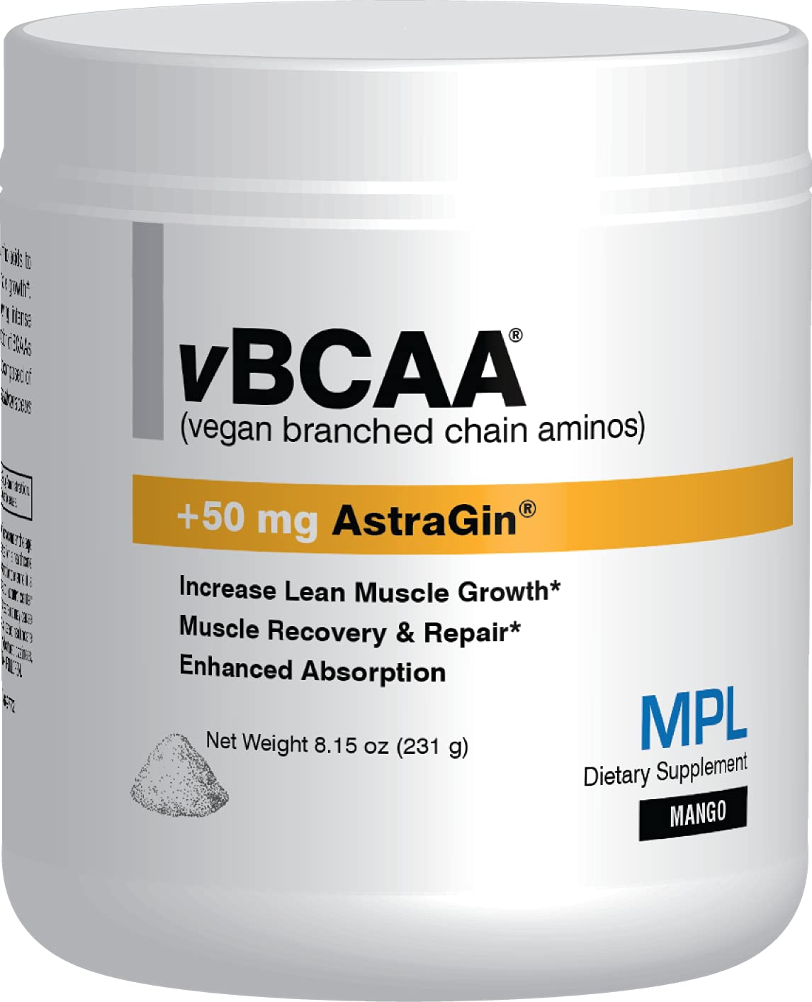 MPL Vegan BCAA Branched Chain Amino Acids with AstraGin® for Enhanced Absorption - 30 Servings Mango Flavor | Post-Workout Recovery & Muscle Growth Supplement for Athletes