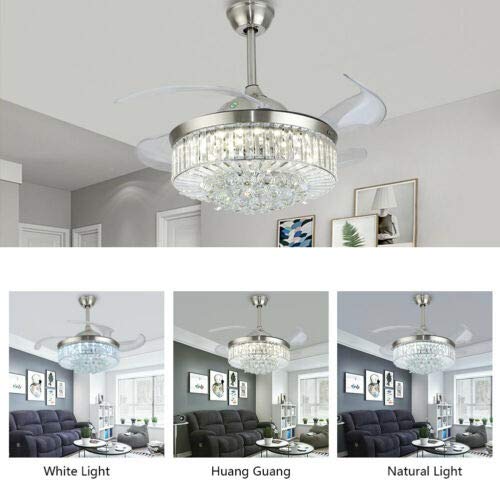 36/42-Inch Modern Invisible Retractable Ceiling Fan with LED Light - 3 Color Dimmable Crystal Chandelier Fan, 4 Retractable Blades for Living Room, Bedroom & Dining Room (36 inch Silver)