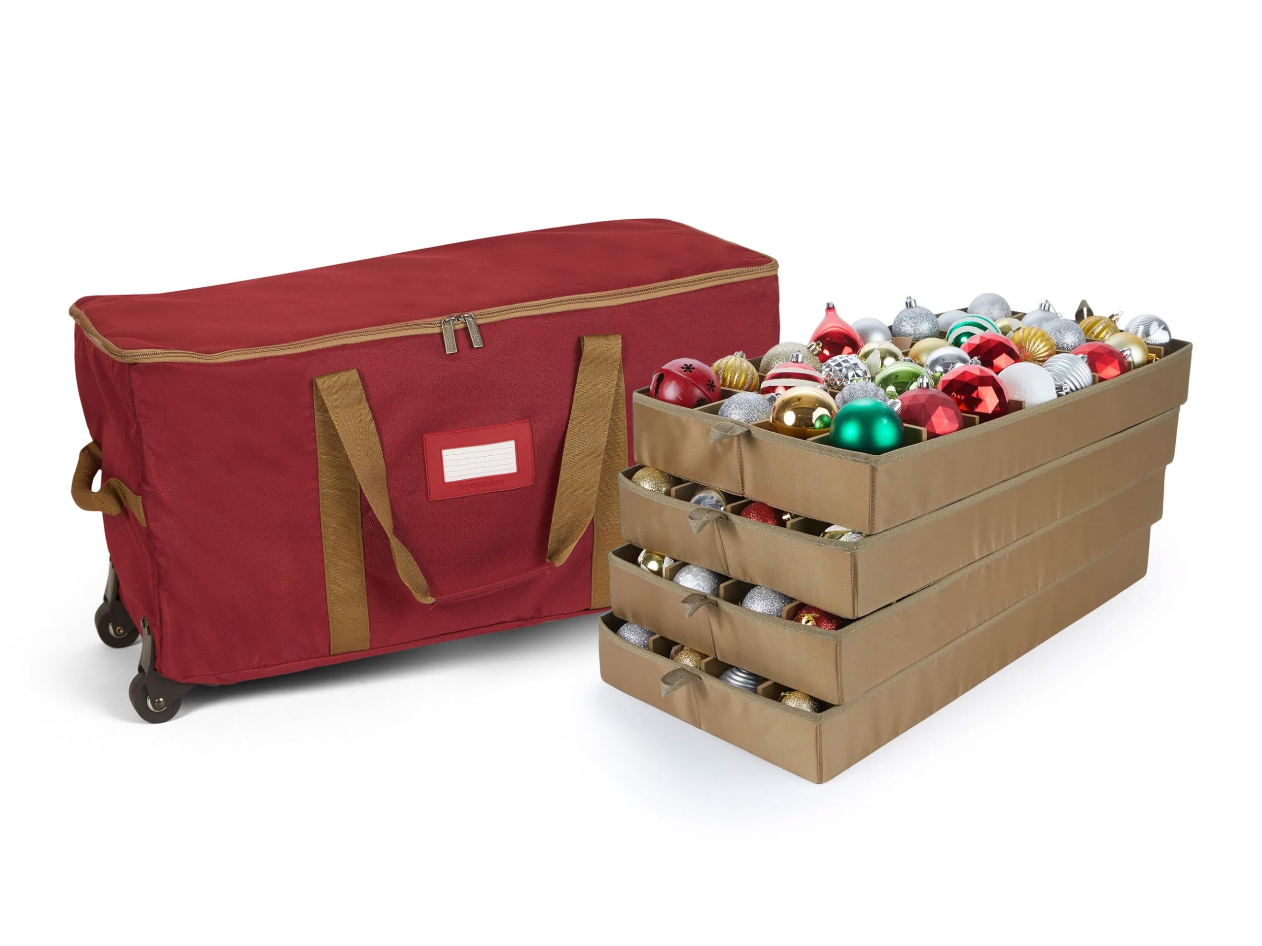 Covermates Keepsakes Rolling Adjustable Christmas Ornament Storage Bag with Carrying Handles & Padded Protection - Dual Wheels for Easy Transport - Perfect for Holiday Decor Storage & Organization (Red) - Great for Home, Attic or Garage Storage