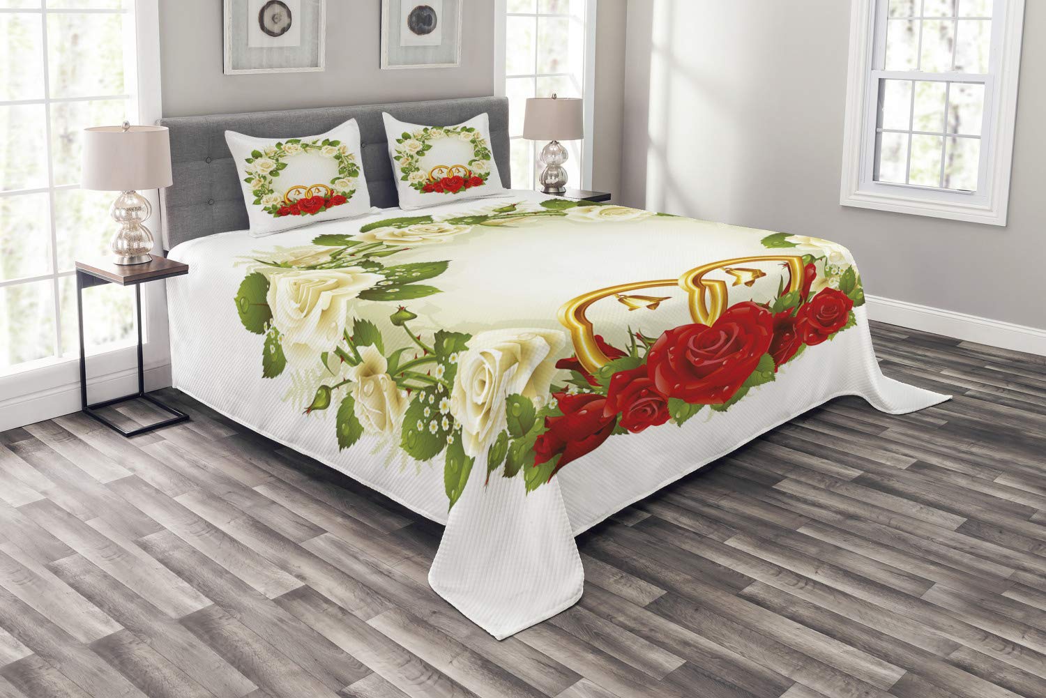 Ambesonne 3-Piece King Size Wedding Bedspread Set with White and Red Roses, Wedding Rings Design - Decorative Bedding Coverlet and 2 Pillow Shams in White, Green, Red - Perfect for Romantic Bedroom Decor, Anniversary Gift, or Honeymoon Suite