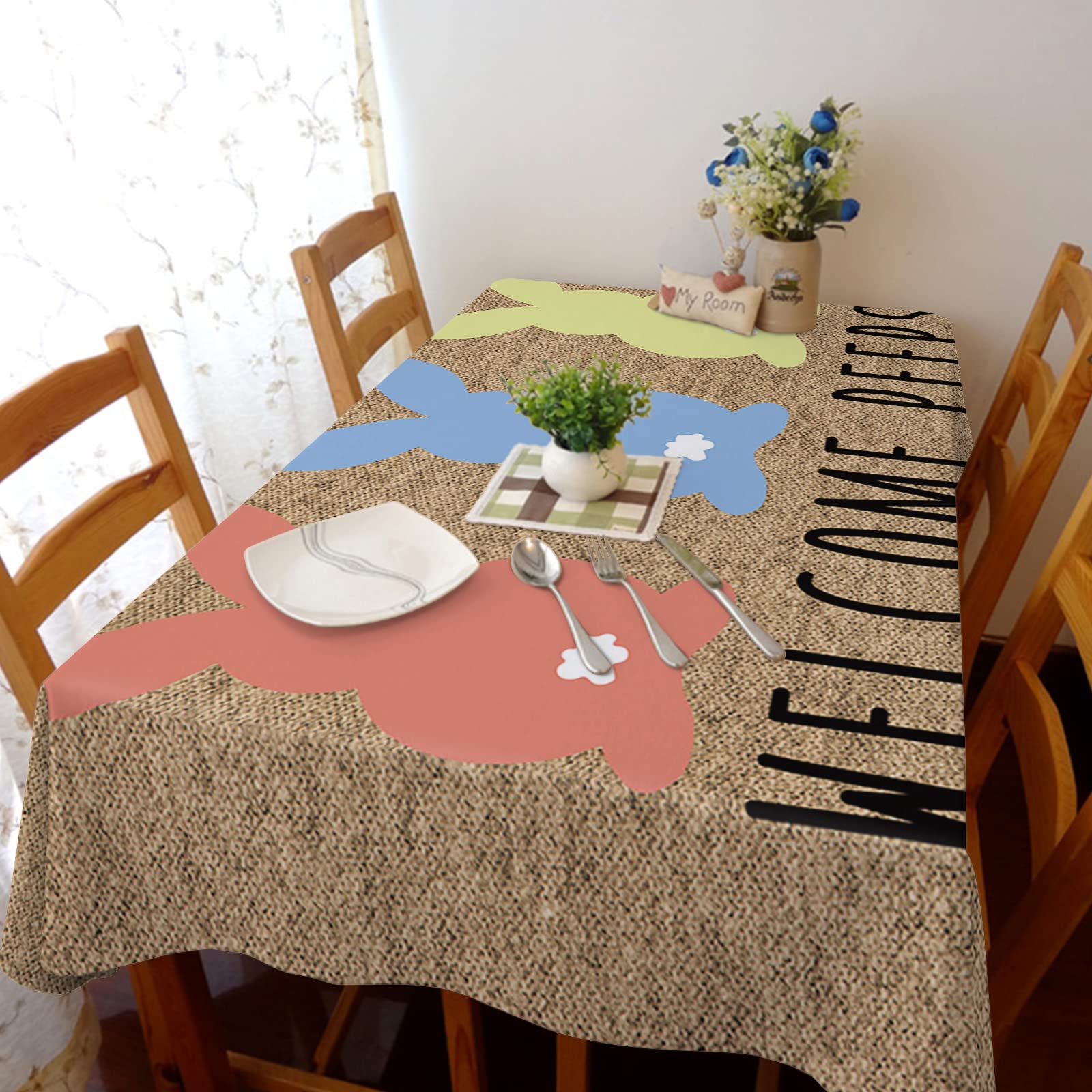 Easter Tablecloth Rectangle - Cotton Linen Table Cover with Retro Peeps & Rabbits Design for Dining Table, Kitchen, Coffee Table - 60x104 Inch - Perfect for Easter Decor, Wedding, Birthday Party & Holiday Dining