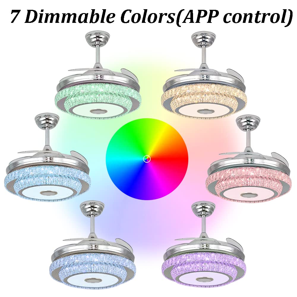 42 Inch Modern Retractable Crystal Ceiling Fan with LED Lights - Smart 7 Color Dimmable Chandelier & Bluetooth Speaker - Remote Control, Silent Motor - Perfect for Living Room, Bedroom, and Dining Room