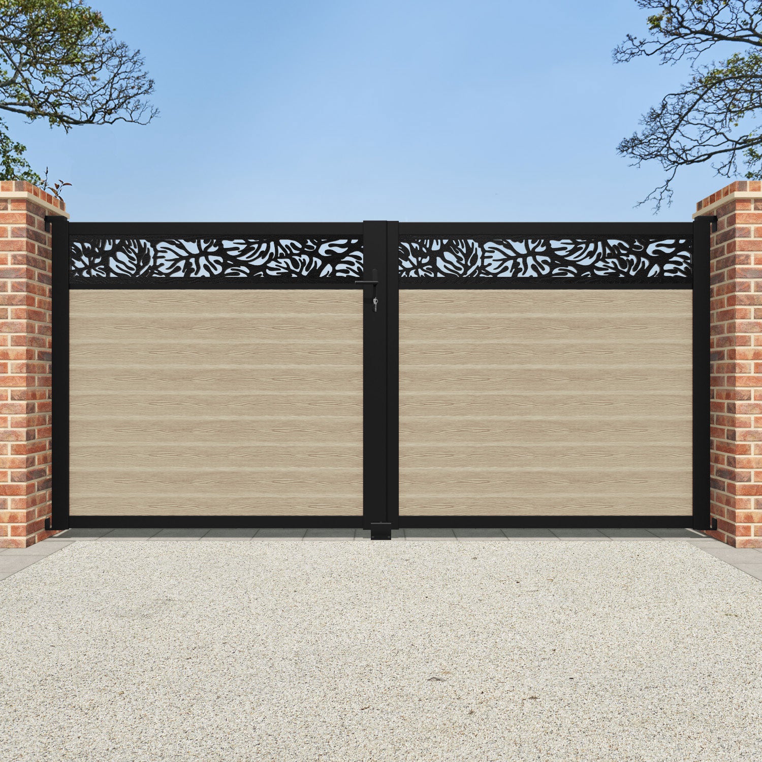 Classic Botanic Straight Top Driveway Gate in Light Oak with Top Screen - Perfect for Home Entryway, Garden Fence, and Property Security