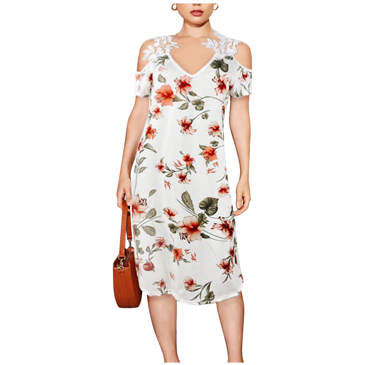 Neoucdy Women's Floral Lace Cold Shoulder Maxi Dress - Elegant Short Sleeve Summer Beach Dress for Vacation, Wedding & Party Wear