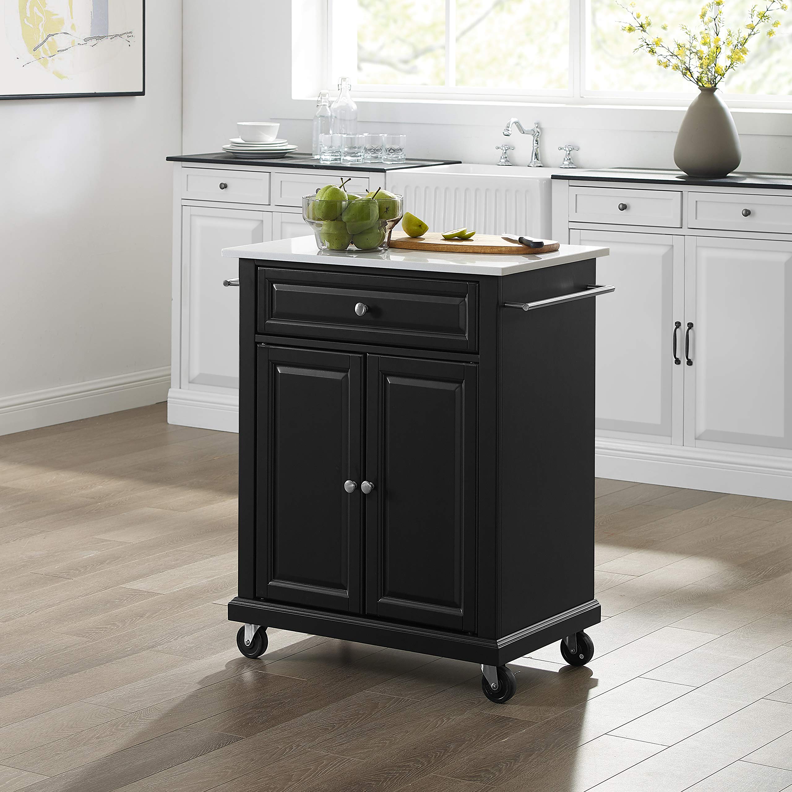 Crosley Black Compact Rolling Cart with Stone Top & Shelves - Microwave Stand, Towel Rack for Kitchen, Bathroom, or Office Storage