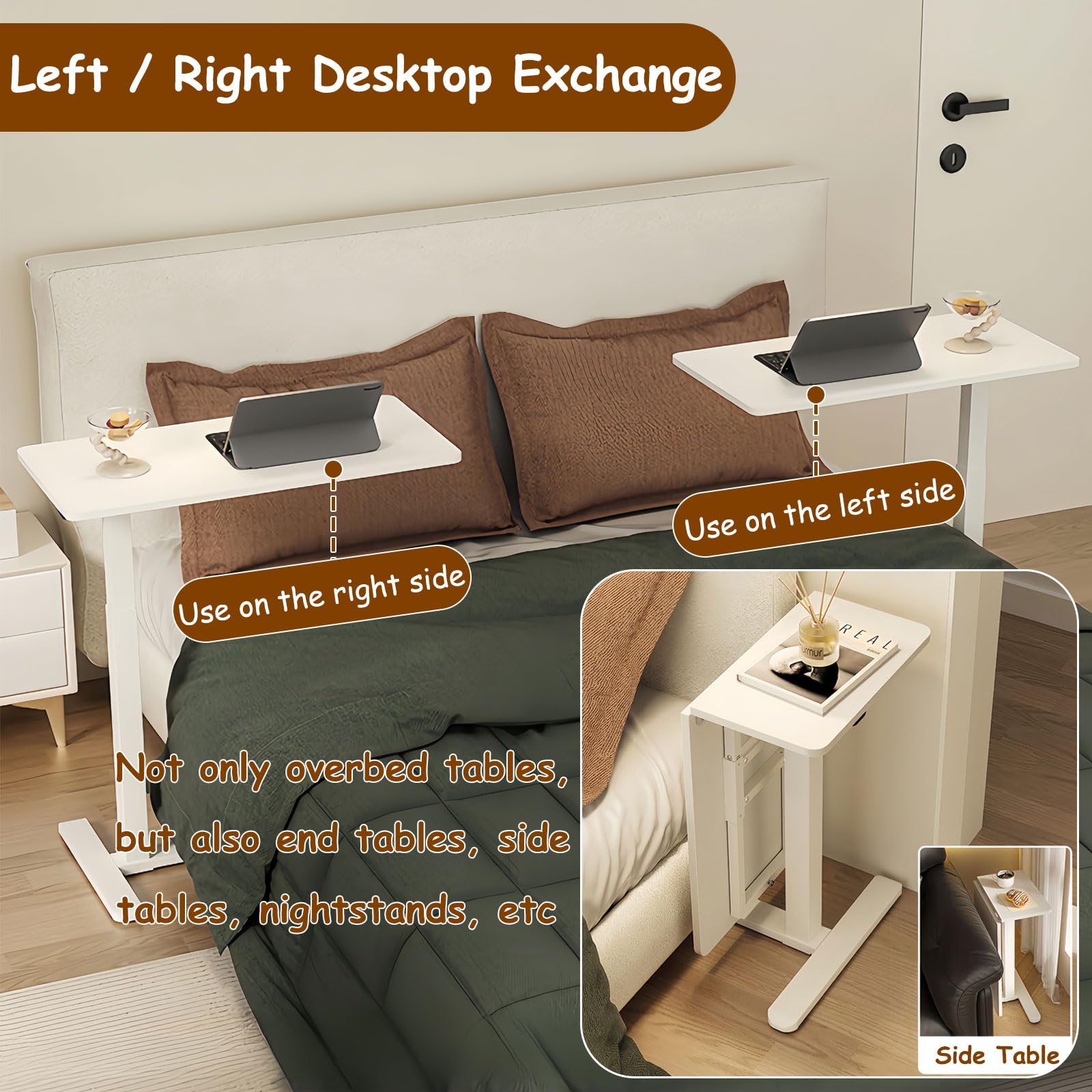 Adjustable Height Overbed Table with Hidden Wheels - Foldable Mobile Standing Desk for Laptop, Computer & Workspace - Ideal for Hospital, Home Office & Bedside Use