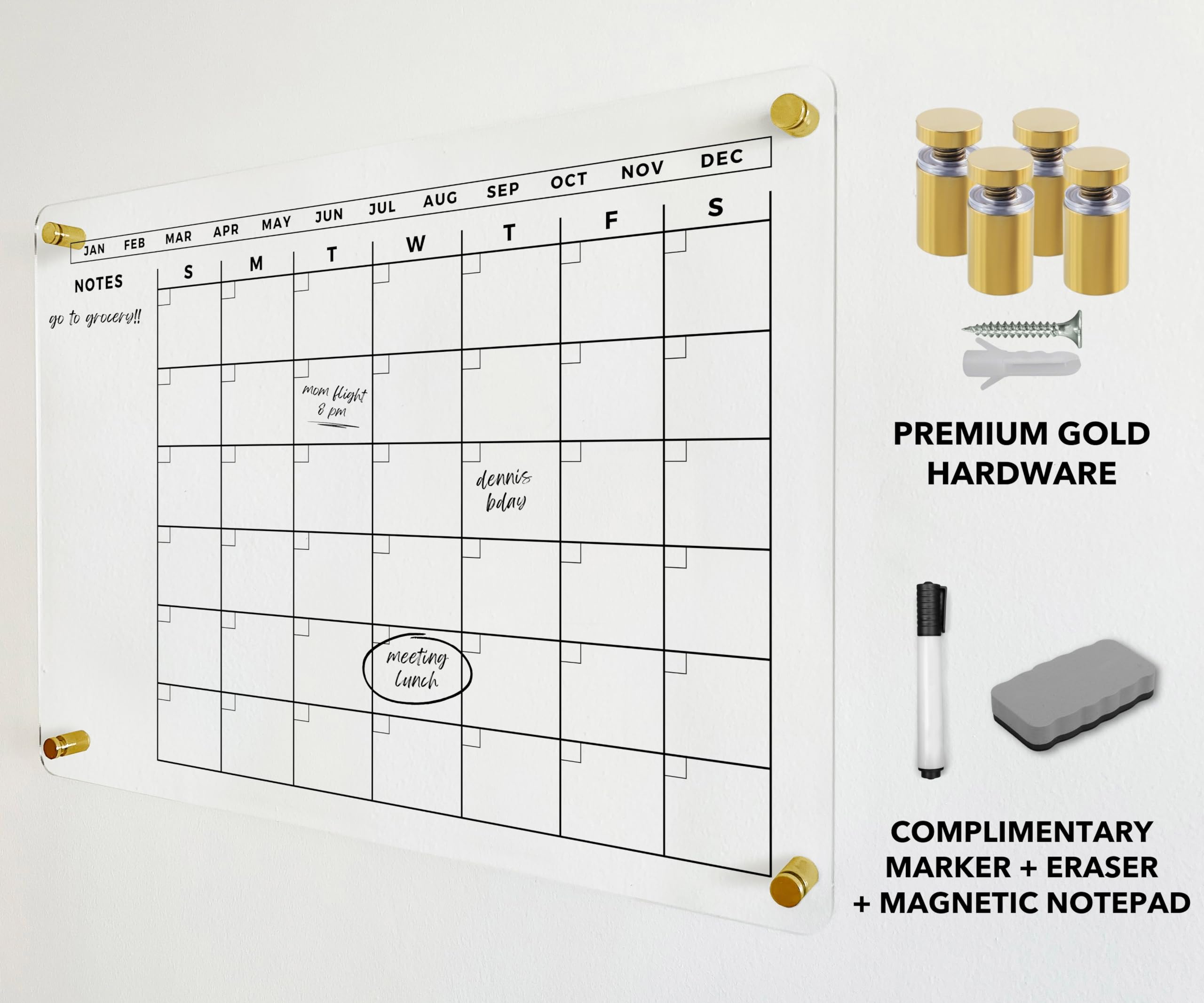 Large Acrylic Calendar with Gold Hardware - 2025 Dry Erase Monthly Planner - Personalized Family Wall Calendar (28x20