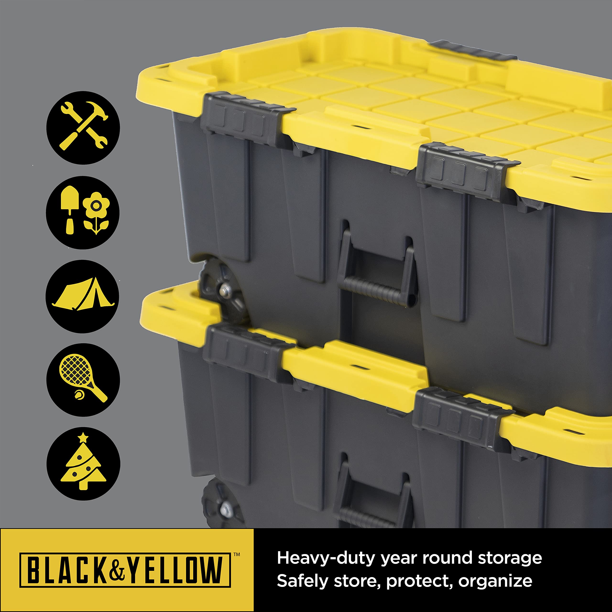 CX BLACK & YELLOW® 20-Gallon Heavy Duty Storage Footlocker with Snap-Tight Lid - 13.4”H x 18.2”W x 32.3”D Weatherproof Stackable Tote Bin - Ideal for Garage Organization, Camping Gear Storage & Military Footlocker Use [4-Pack]