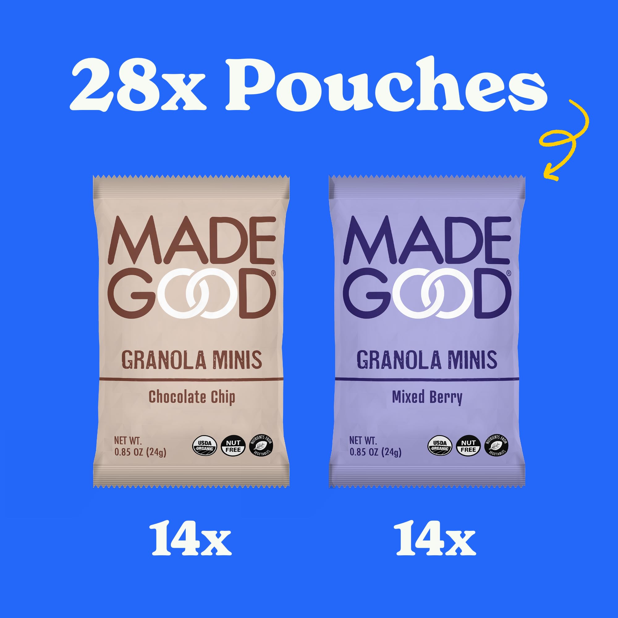 MadeGood Granola Minis Chocolate Chip & Mixed Berry Variety Pack (28 Count) - Gluten Free, Organic, Vegan Snacks for Kids & Adults - Perfect for School Lunches, Hiking & On-The-Go Healthy Snacking