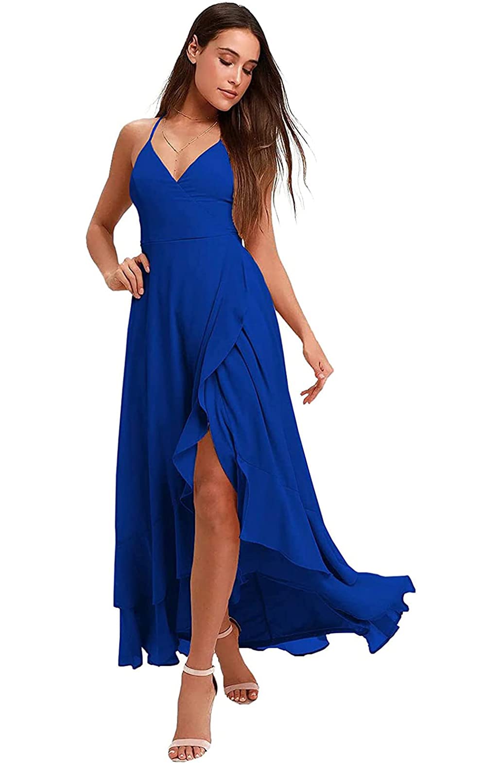 Clovile Women's Boho Bridesmaid Dress with Slit & Ruffles - Elegant Chiffon High-Low Formal Party Gown for Weddings, Prom & Special Occasions