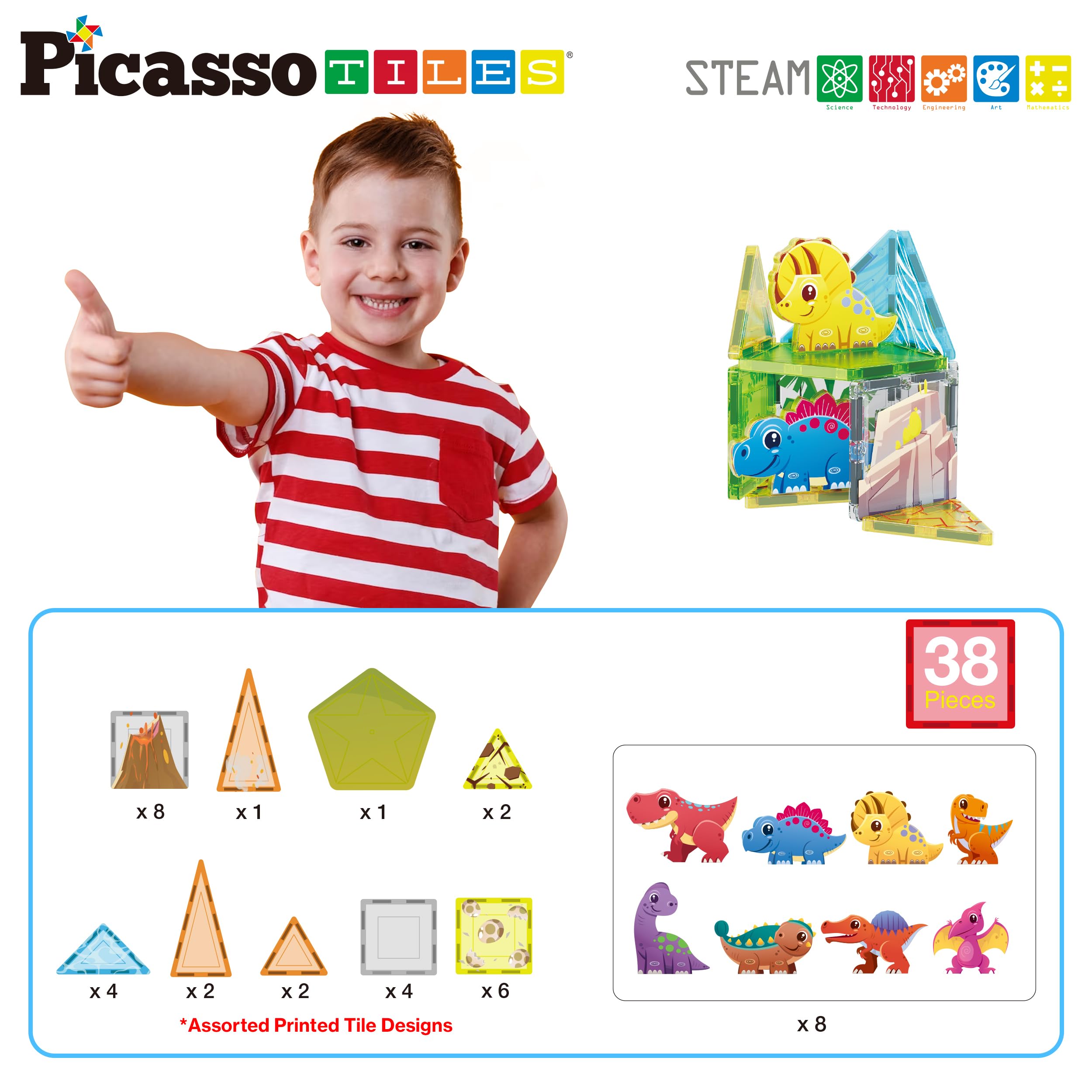PicassoTiles Magnetic Blocks Dinosaur Set - STEM Toys for Toddlers 3+ | Play & Learn