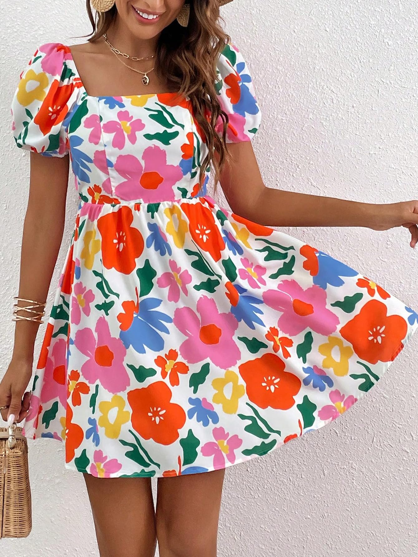 Verdusa Women's Boho Floral Print Short Sleeve Square Neck Puff Sleeve Mini Dress - Perfect for Summer Outfits, Beach Vacations & Casual Date Nights