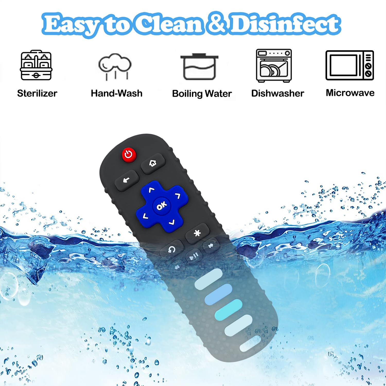 FDA Approved Baby Teething Toys - BPA Free, Food Grade Silicone Teether for Infants 3-6-12-18 Months | TV Remote Shaped Chew Toy for Soothing Sore Gums | Freezer Safe for Cooling Relief | Perfect for Home, Travel & Daycare Use (Black RC)