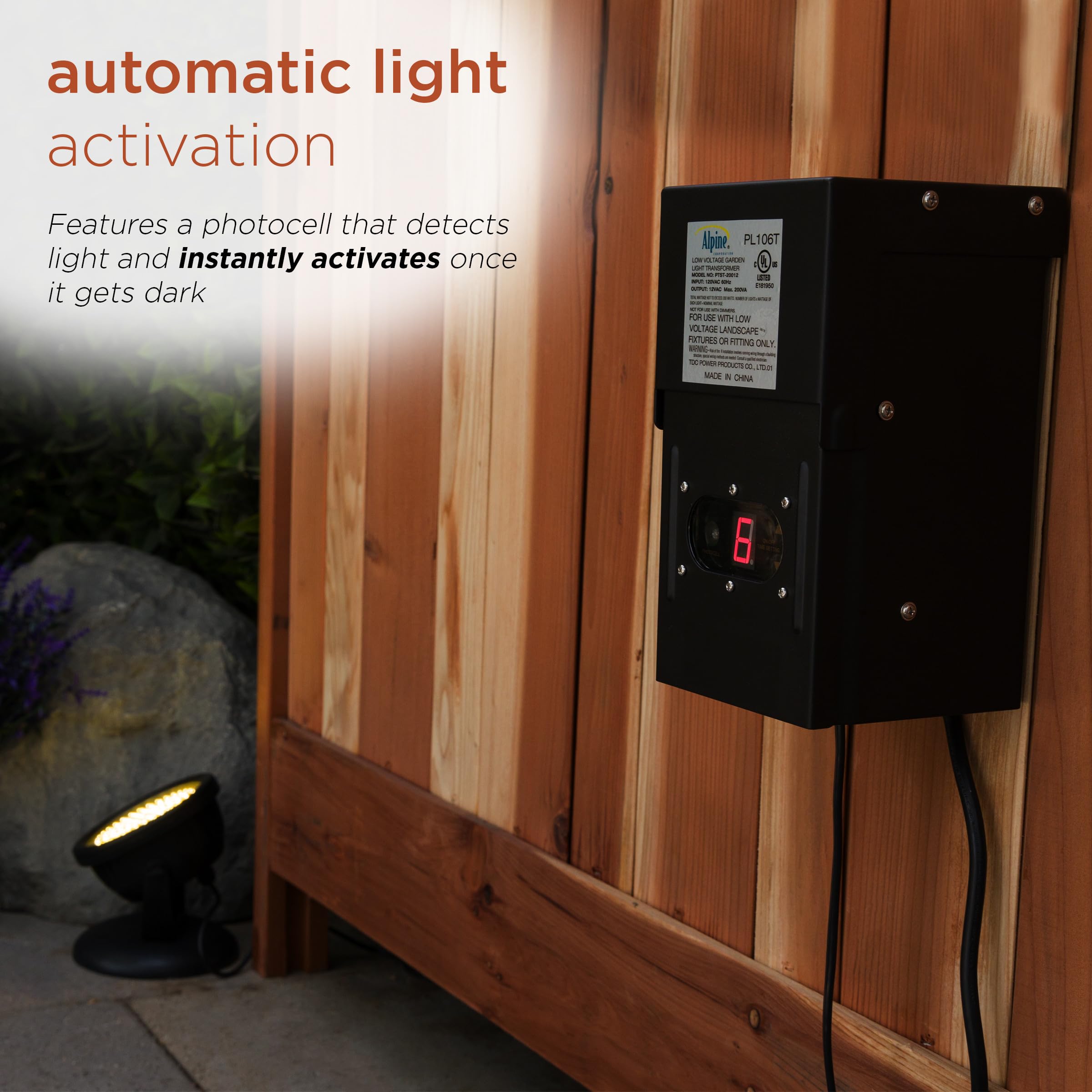 Alpine Corporation 200W Outdoor Transformer with Photocell & Timer for Ponds, Fountains, Waterfalls - Perfect for Garden, Patio & Landscape Lighting