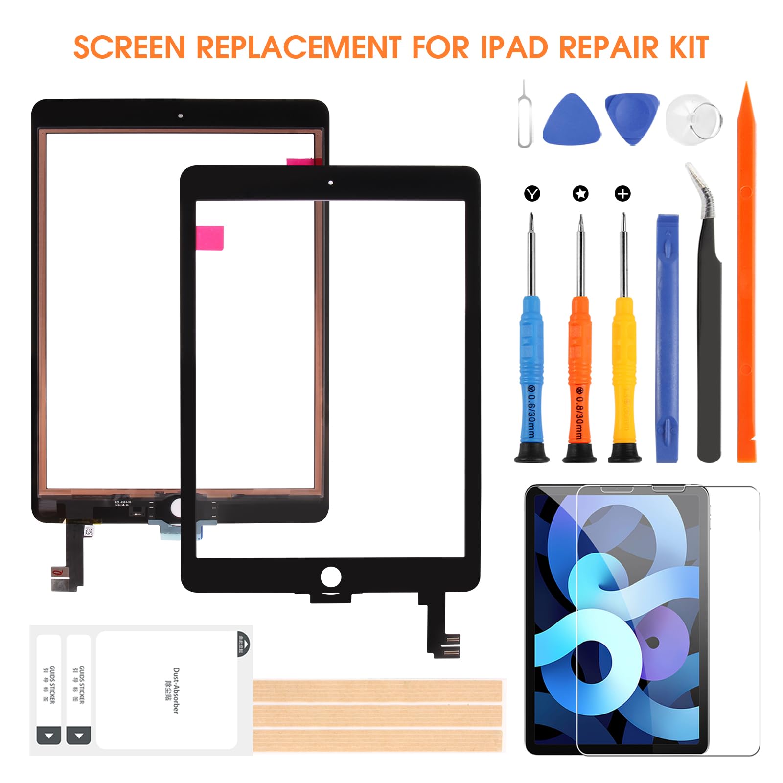 iPad Air 2 Touch Screen Digitizer Replacement - 9.7 Inch Tempered Glass Screen Protector & Repair Kit for iPad 6th Gen A1566 A1567 (Black) - Perfect for DIY Screen Repair at Home or Office