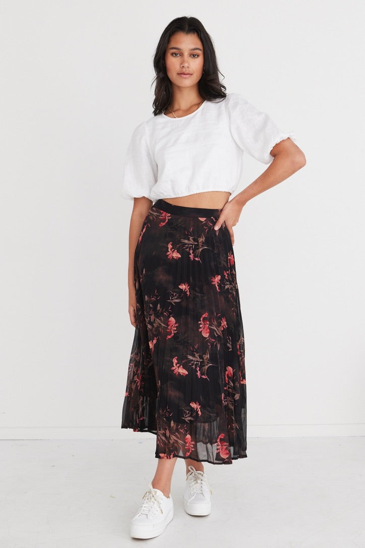 Elegant Black Orchid Chiffon Pleated Midi Skirt for Women | Flowy A-Line Summer Skirt | Perfect for Parties, Weddings & Office Wear