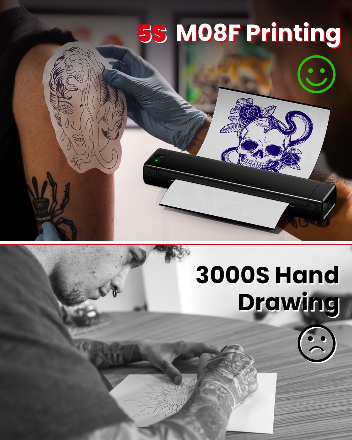 COLORWING M08F Wireless Tattoo Stencil Printer - Bluetooth Thermal Inkless Tattoo Machine with 10 Transfer Papers, Portable Design for Professional Tattoo Artists & Beginners (Black) | Perfect for Studio, Home & Travel Tattoo Work