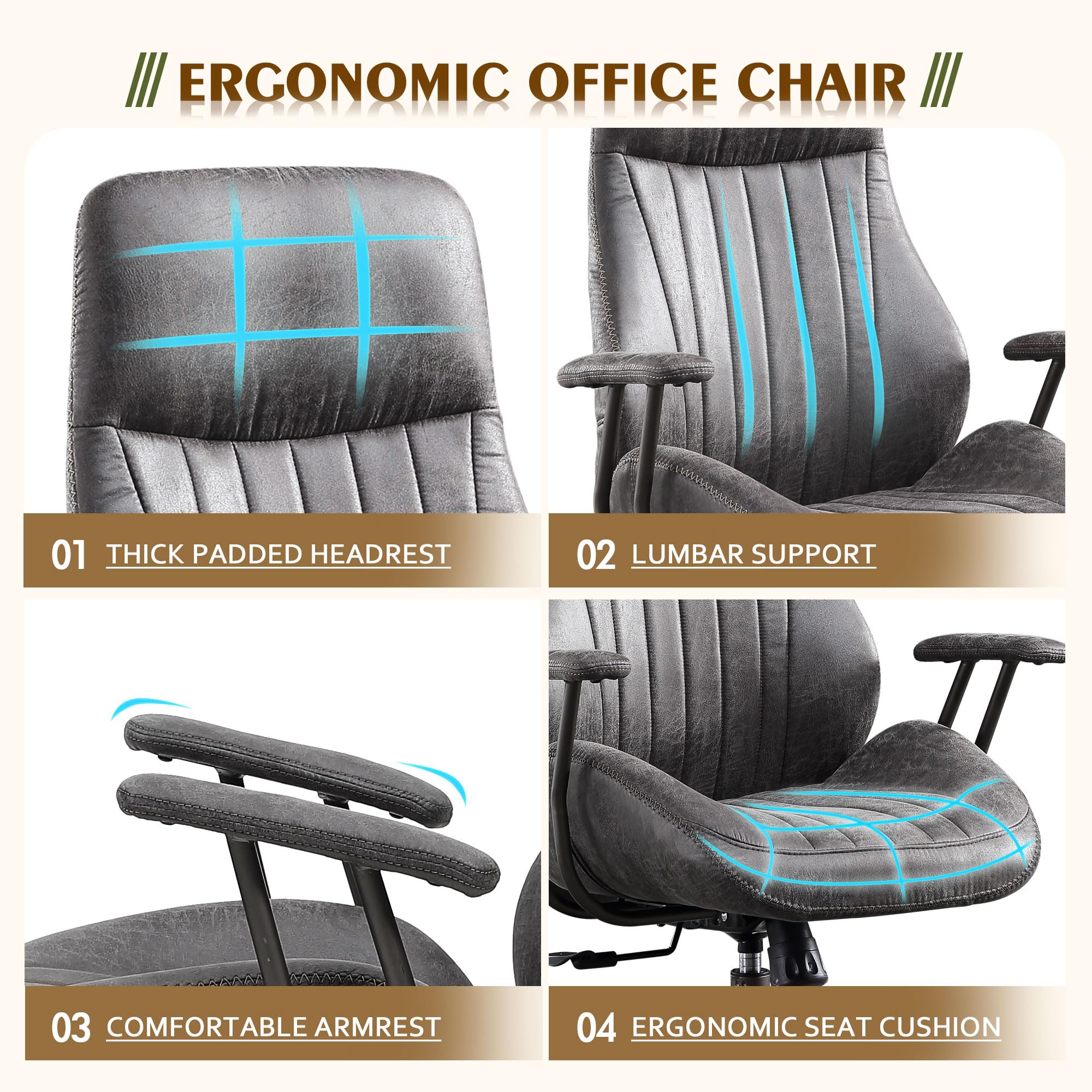 Ergonomic High Back Office Chair - Modern Swivel Desk Chair with Adjustable Height & Lumbar Support - Black Suede Fabric Gaming Chair for Home Office, Workstation & PC Gaming Setup - Comfortable Computer Chair for Long Hours of Work or Play