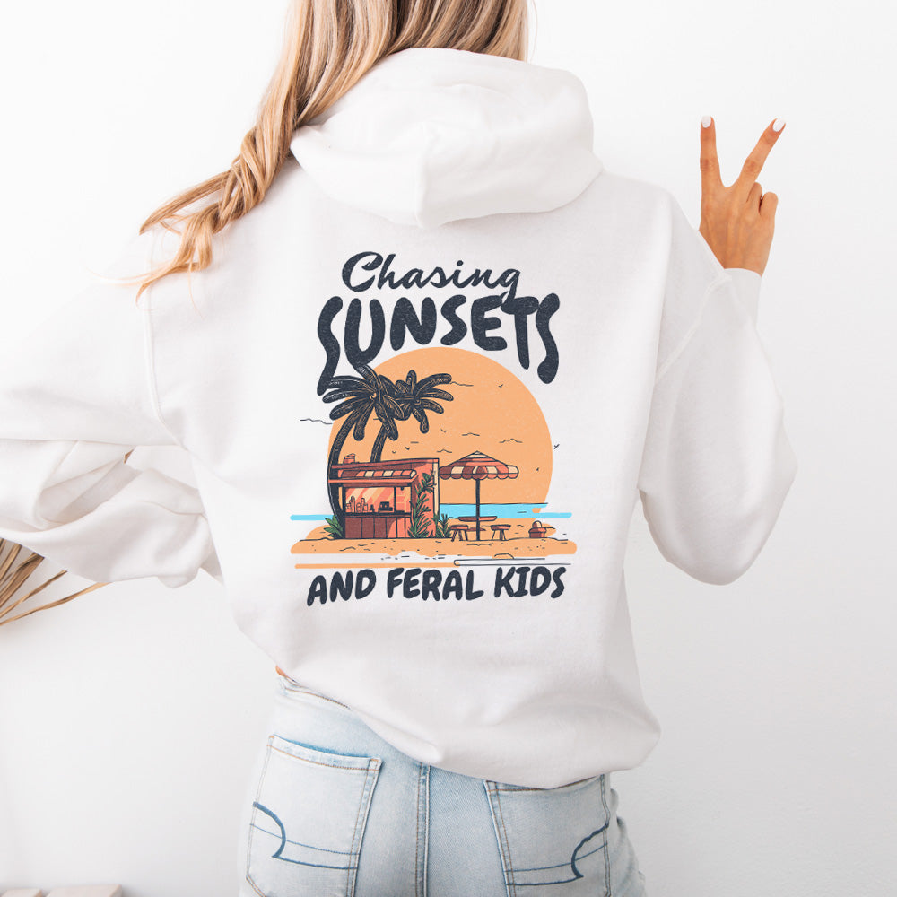Chasing Sunsets & Feral Kids Pullover Hoodie - Cozy Fleece Sweatshirt for Men & Women - Perfect for Casual Wear, Street Style & Outdoor Adventures
