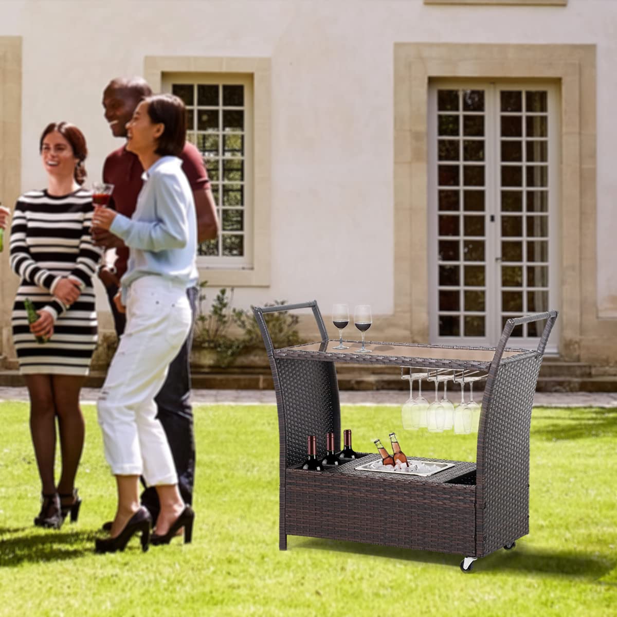 Premium Outdoor Rolling Wicker Bar Cart with Removable Ice Bucket, Glass Countertop & Wine Glass Holders - Rattan Serving Cart with Storage for Pool Parties, Backyard BBQs & Patio Entertaining