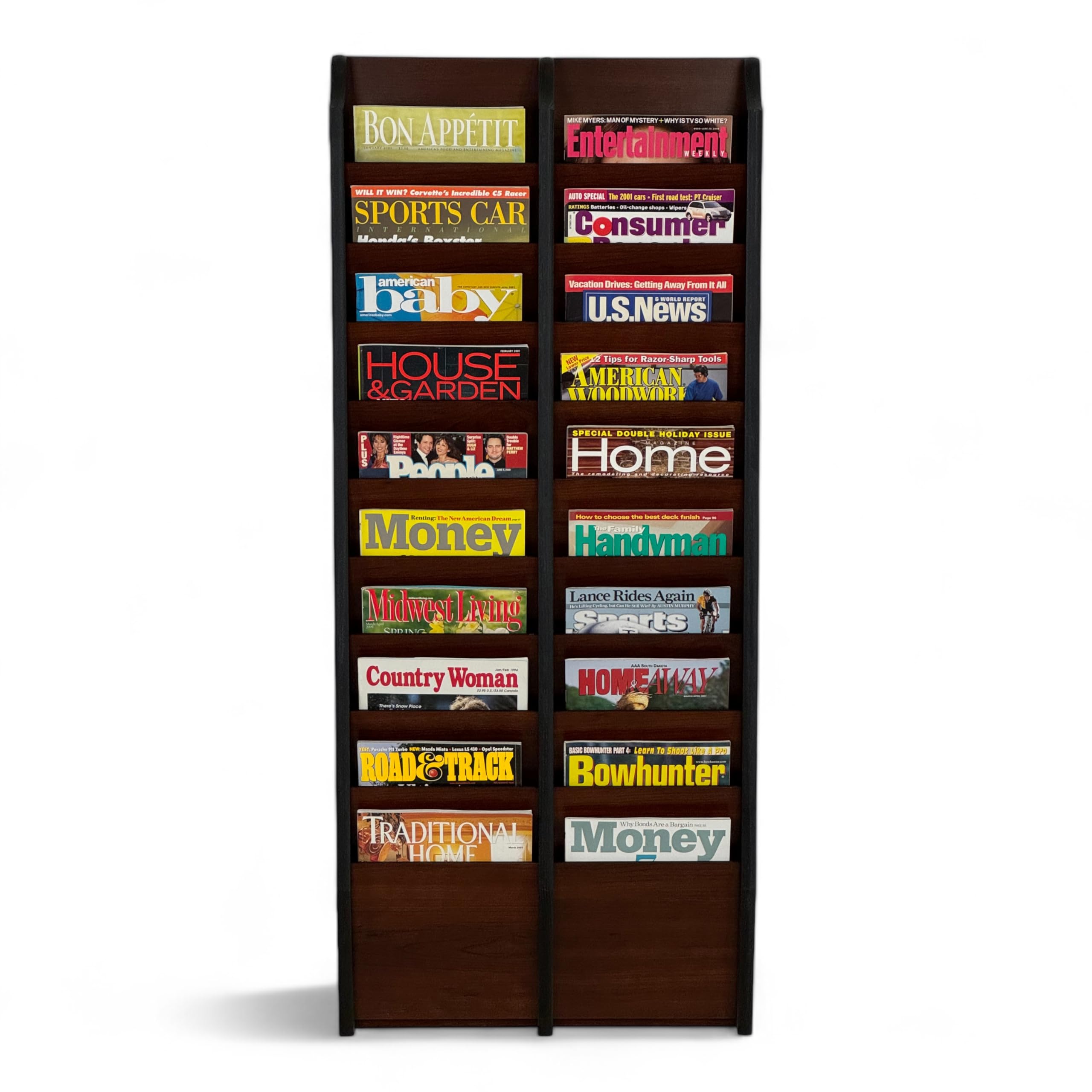 Wooden Mallet Cascade 20 Pocket Magazine Rack - Black & Mahogany Organizer for Books, Newspapers, and Mail - Perfect for Living Room, Office, or Library Storage