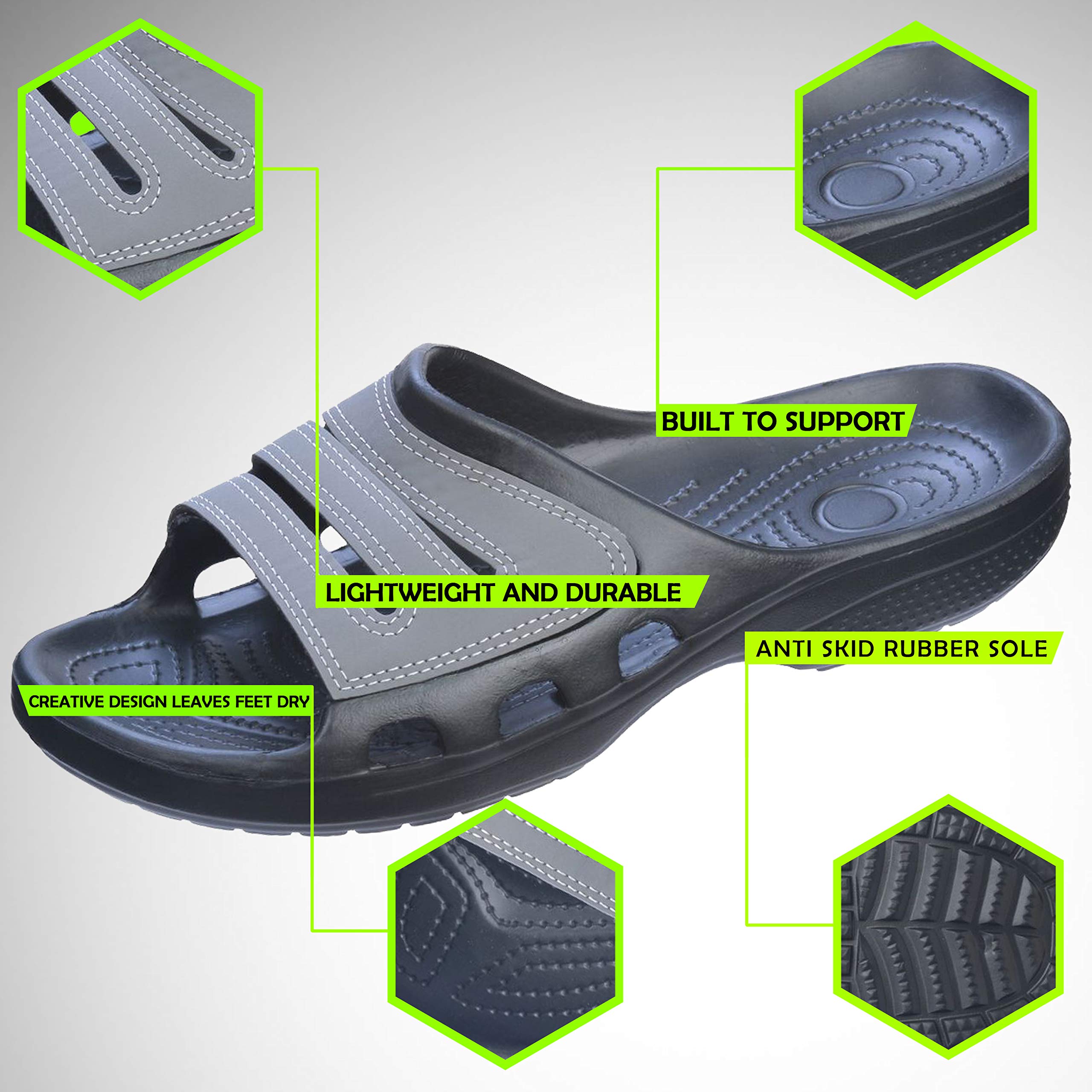 Roxoni Men's Waterproof Slide Sandals | Open Toe Slip-On Rubber Shoes for Beach, Pool, Gym & Travel | Lightweight & Durable for Outdoor Activities